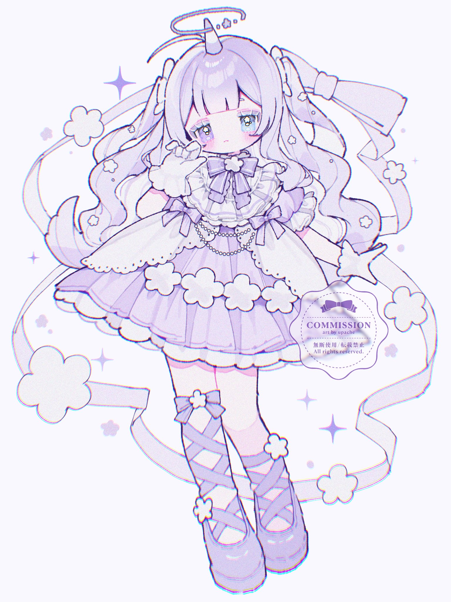 upa papa co, original, commentary, commission, highres, 1girl, ankle lace-up, artist name, blue eyes, blush, bow, bowtie, closed mouth, dress, frilled dress, frilled sleeves, frills, full body, gloves, halo, hand up, heterochromia, horns, long hair, purple bow, purple bowtie, purple dress, purple eyes, purple hair, purple halo, purple shoes, shoes, short sleeves, simple background, single horn, solo, standing, two side up, watermark, white background, white gloves