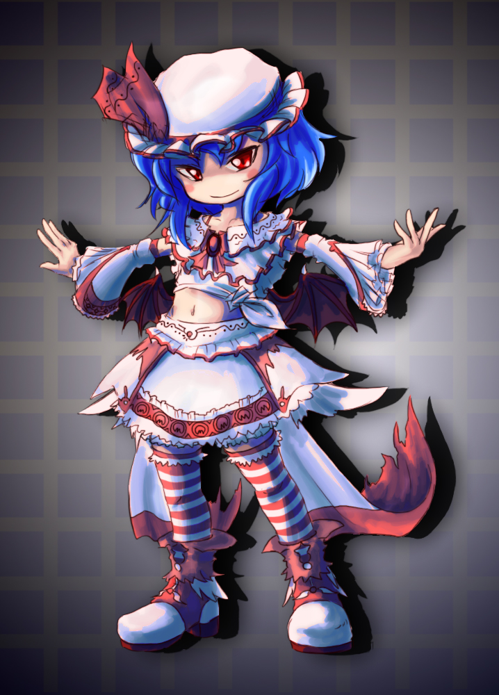 cuphea, remilia scarlet, touhou, 1girl, alternate costume, bat wings, blue hair, female focus, full body, gradient background, hat, midriff, navel, red eyes, short hair, skirt, solo, thighhighs, wings