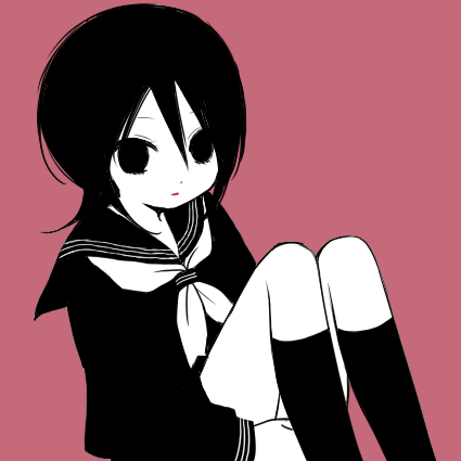 sakurai (f/l), kuchiki rukia, bleach, lowres, 00s, high contrast, monochrome, pink background, school uniform, serafuku, simple background, sitting, socks, solo