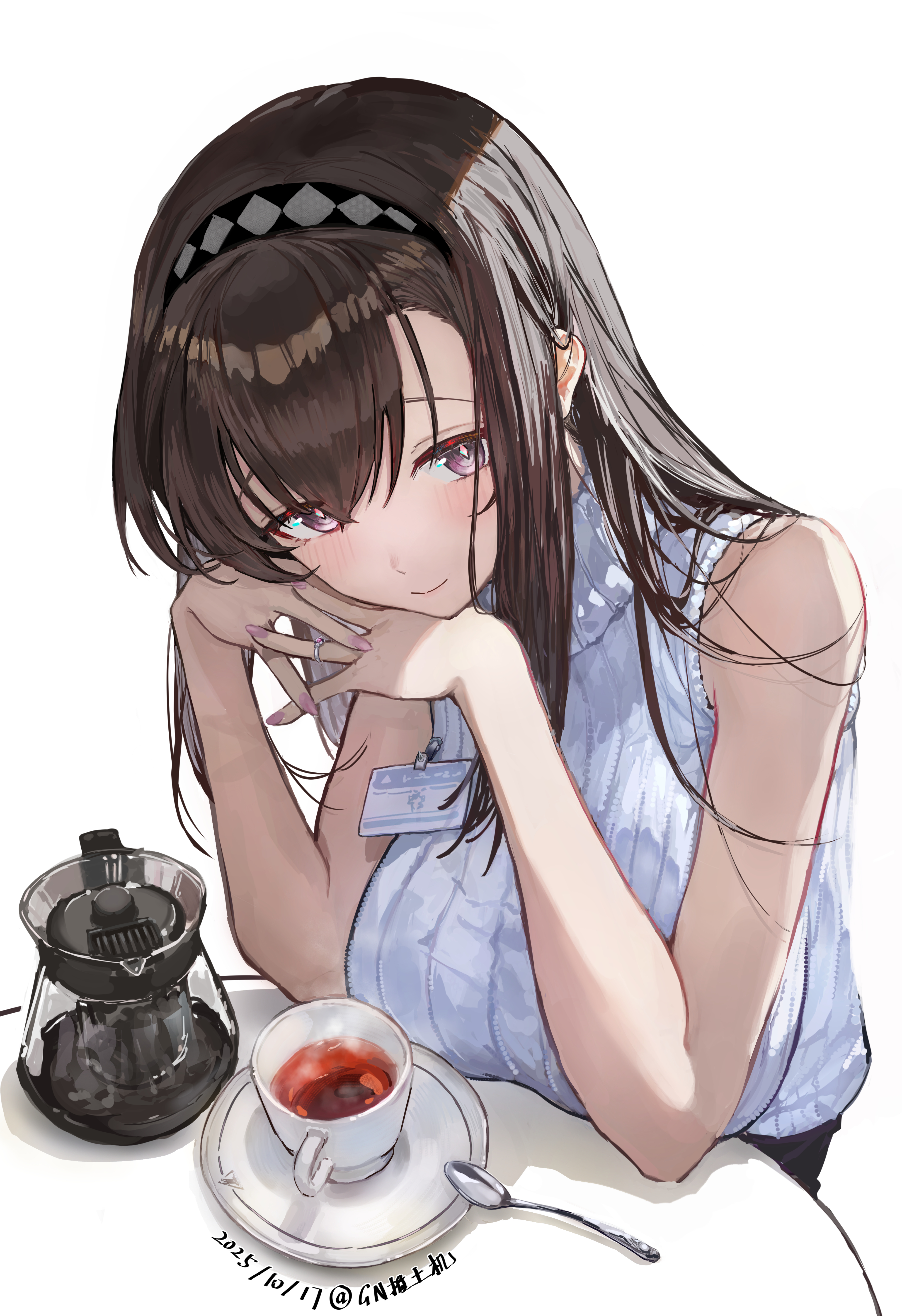 gn tuituji, priestess (arknights), arknights, absurdres, commentary request, highres, 1girl, bare arms, black hair, black hairband, blush, breasts, closed mouth, coffee, coffee pot, cup, dated, diamond-shaped pupils, diamond (shape), elbow rest, hairband, head rest, long hair, looking at viewer, purple eyes, saucer, simple background, sleeveless, sleeveless sweater, smile, solo, spoon, sweater, symbol-shaped pupils, turtleneck, turtleneck sweater, white background, white sweater