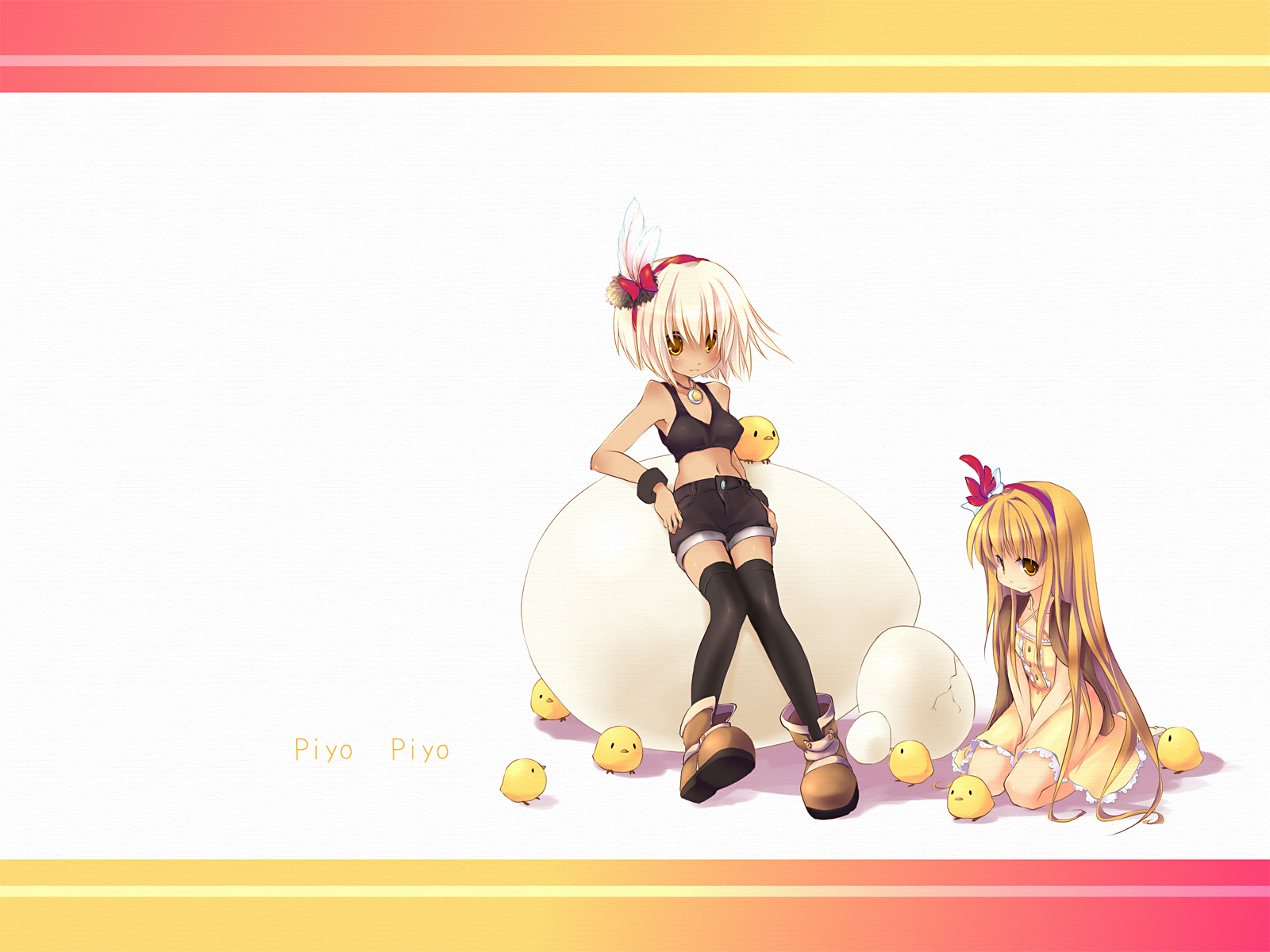 sakurano miya, original, highres, baby animal, bird, blush, brown hair, chick, dark-skinned female, dark skin, dress, egg, kneeling, long hair, short hair, shorts, tank top, thighhighs, white hair