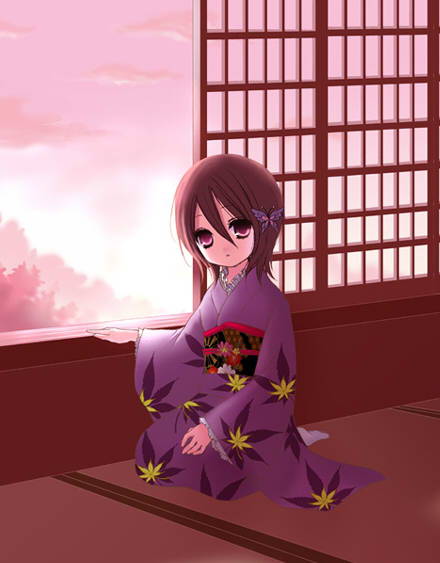 sakurai (f/l), kuchiki rukia, bleach, 00s, brown hair, japanese clothes, kimono, kneeling, seiza, short hair, sitting, solo, sunset