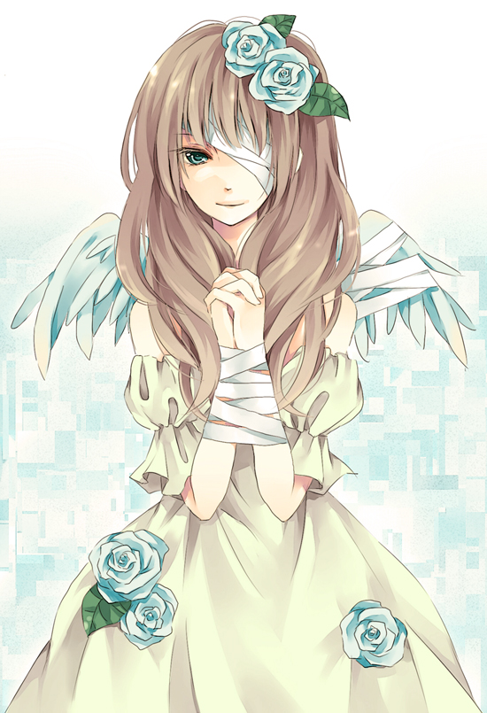 karu, yuzuki karu, original, bad id, bad pixiv id, angel, angel wings, bandage over one eye, bandages, blue eyes, brown hair, dress, flower, gown, hair ornament, long hair, smile, solo, wings