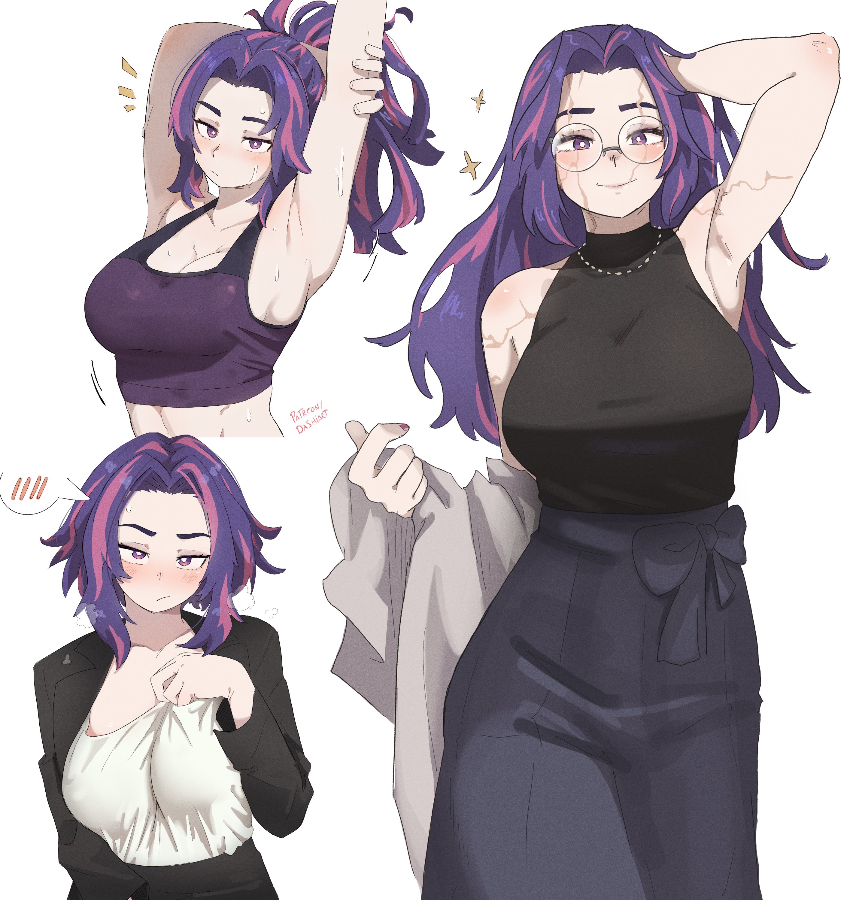 dashi (dashiart), lady nagant, boku no hero academia, absurdres, commentary, highres, armpits, artist name, blush, breasts, facial scar, jewelry, long hair, looking at viewer, multicolored hair, multiple views, necklace, pink hair, purple eyes, purple hair, round eyewear, scar, scar on arm, scar on cheek, scar on face, short hair, simple background, sleeveless, sleeveless turtleneck, smile, streaked hair, sweat, turtleneck, two-tone hair, white background