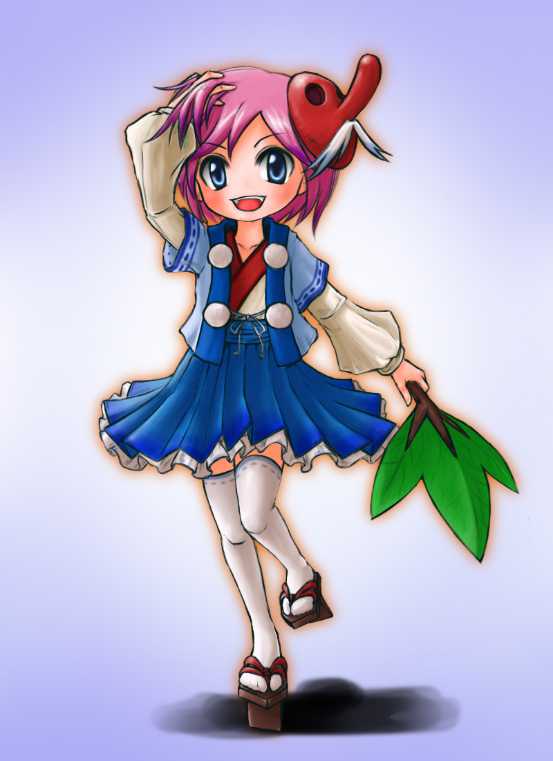 cuphea, original, 1girl, blue hair, child, female focus, geta, hand fan, japanese clothes, mask, pink hair, solo, tengu-geta, tengu mask, thighhighs