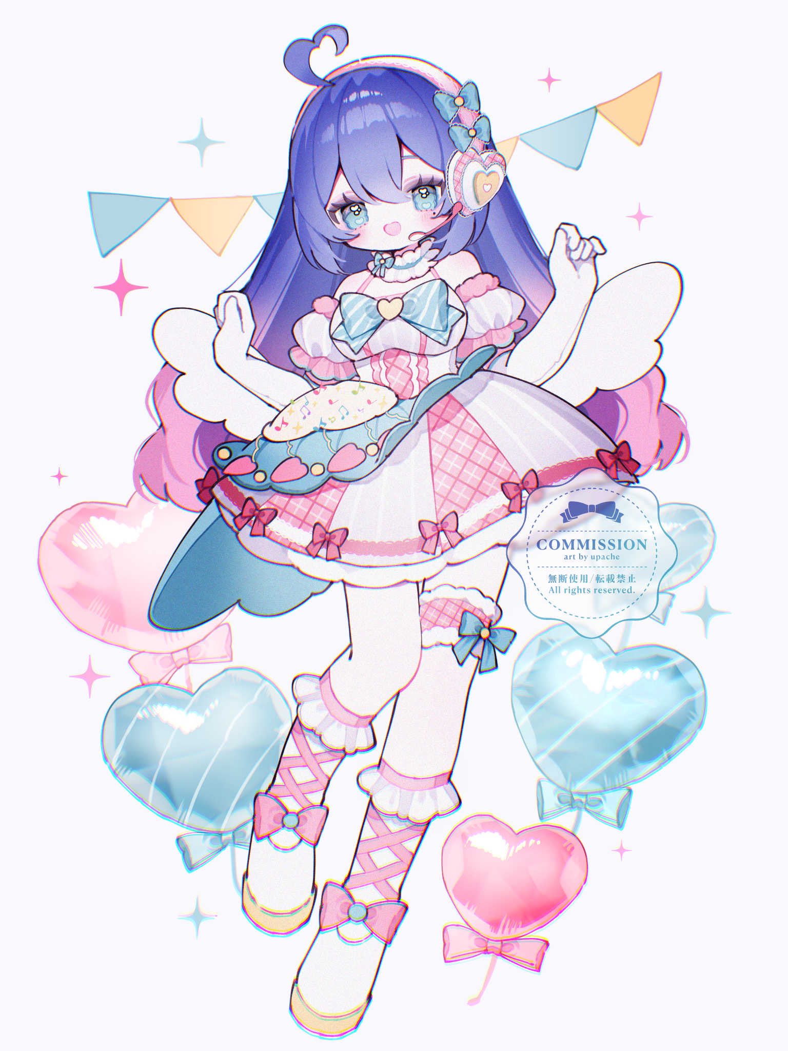 upa papa co, original, commentary, commission, highres, 1girl, :d, ahoge, artist name, balloon, bare shoulders, blue bow, blue bowtie, blue eyes, blue hair, blush, bow, bowtie, breasts, double-parted bangs, dress, dress bow, elbow gloves, footwear bow, frilled socks, frilled thigh strap, frills, full body, gloves, gradient hair, hair between eyes, hairband, hands up, heart, heart ahoge, heart balloon, long hair, looking at viewer, medium breasts, multicolored hair, open mouth, pink hair, pink hairband, red bow, shoes, short sleeves, simple background, smile, socks, solo, sparkle, standing, striped bow, striped bowtie, striped clothes, thigh strap, watermark, white background, white dress, white gloves, white shoes, white socks