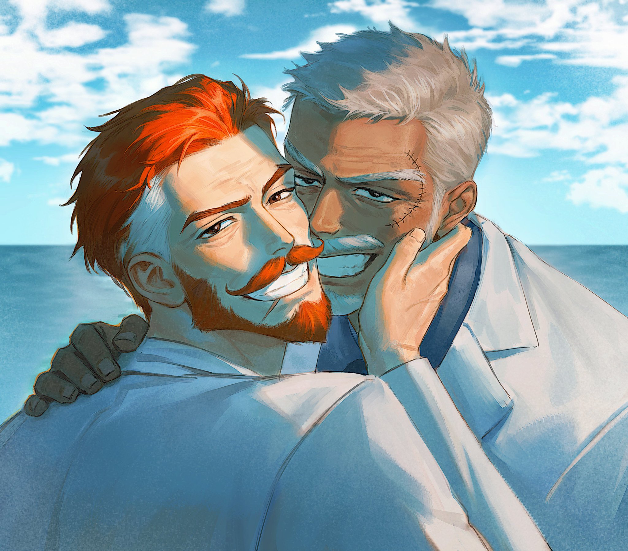 xx xx art, monkey d. garp, one piece, original, highres, second-party source, 2boys, alaric (peedeeseel), dark-skinned male, dark skin, day, facial hair, goatee, grey hair, grin, hand on another's cheek, hand on another's face, jacket, looking at viewer, male focus, mature male, multicolored hair, multiple boys, mustache, old, old man, orange hair, portrait, short hair, smile, streaked hair, thick eyebrows, upper body, white hair, wrinkled skin, yaoi