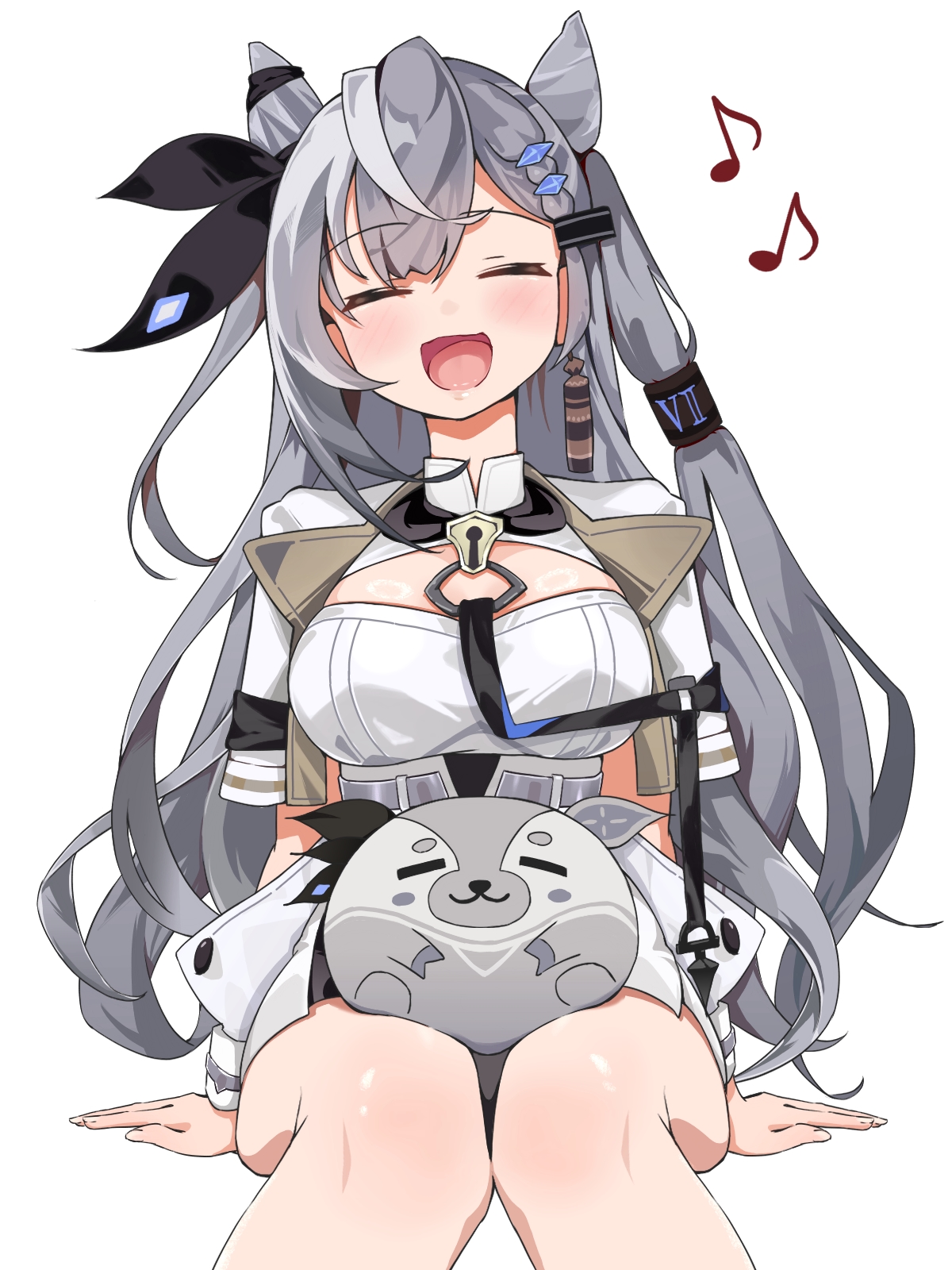 manab (manab101), bazo (vestia zeta), vestia zeta, vestia zeta (1st costume), hololive, hololive indonesia, highres, 1girl, animal, animal on lap, breasts, closed eyes, cone hair bun, earrings, grey hair, hair bun, jewelry, long hair, medium breasts, music, musical note, on lap, singing, single earring, sitting, virtual youtuber, white background