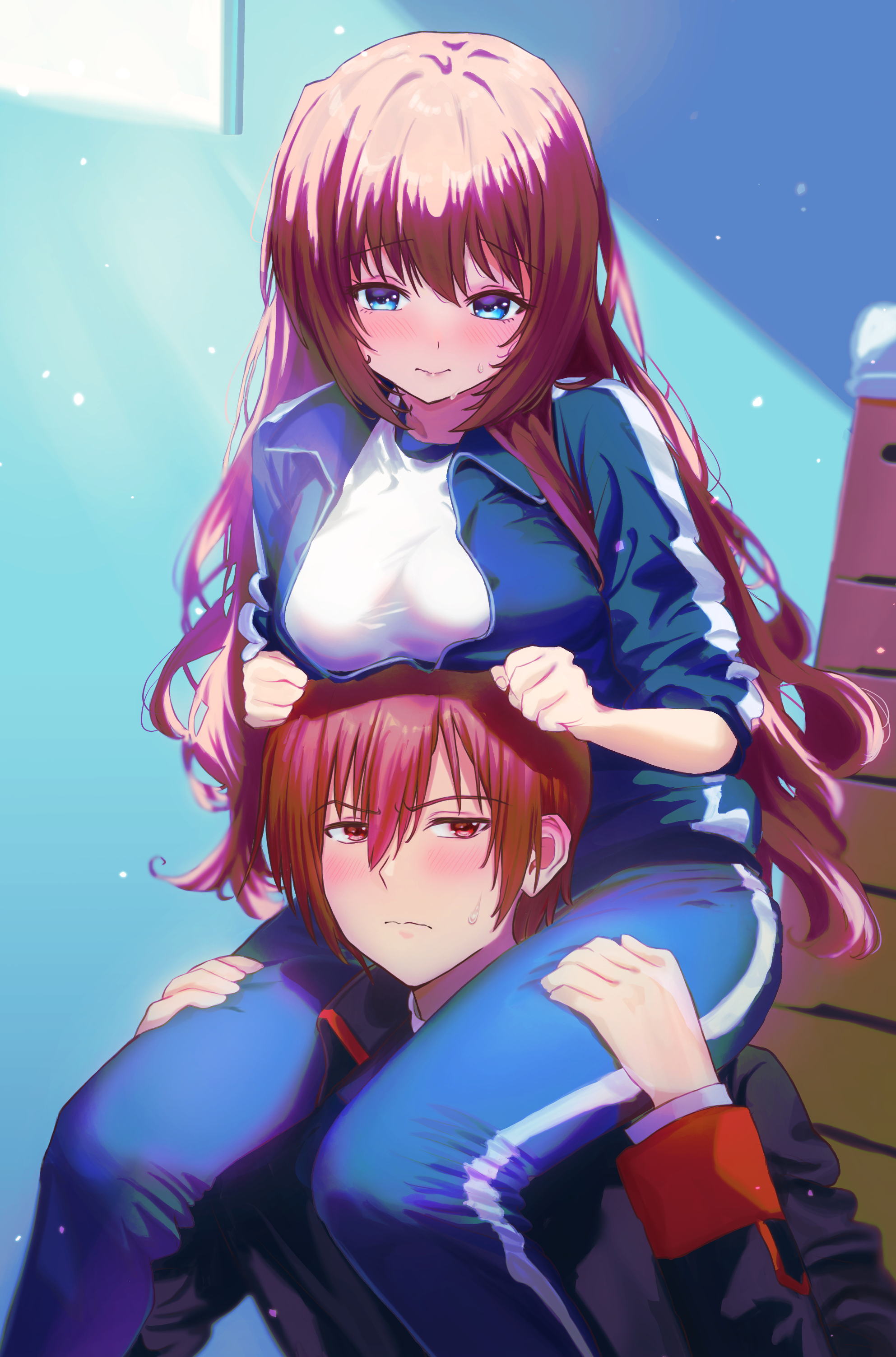 miiizuno lbs, a-chan (little busters!), natsume kyousuke, clannad, key (company), little busters!, absurdres, commentary request, highres, 1boy, 1girl, awkward, black jacket, blue eyes, blue jacket, blue pants, blush, breast rest, breasts, breasts on head, brown hair, carrying, clenched hands, closed mouth, company connection, embarrassed, eyelashes, feet out of frame, frown, furrowed brow, gym uniform, hair between eyes, hetero, indoors, jacket, large breasts, lips, little busters! school uniform, long hair, long sleeves, looking at another, looking at viewer, looking down, open clothes, open jacket, pants, scene reference, school uniform, shirt, short hair, shoulder carry, sidelighting, sidelocks, sleeves rolled up, split mouth, straight hair, sweat, sweatdrop, track jacket, upper body, very long hair, wavy hair, wavy mouth, white shirt, window