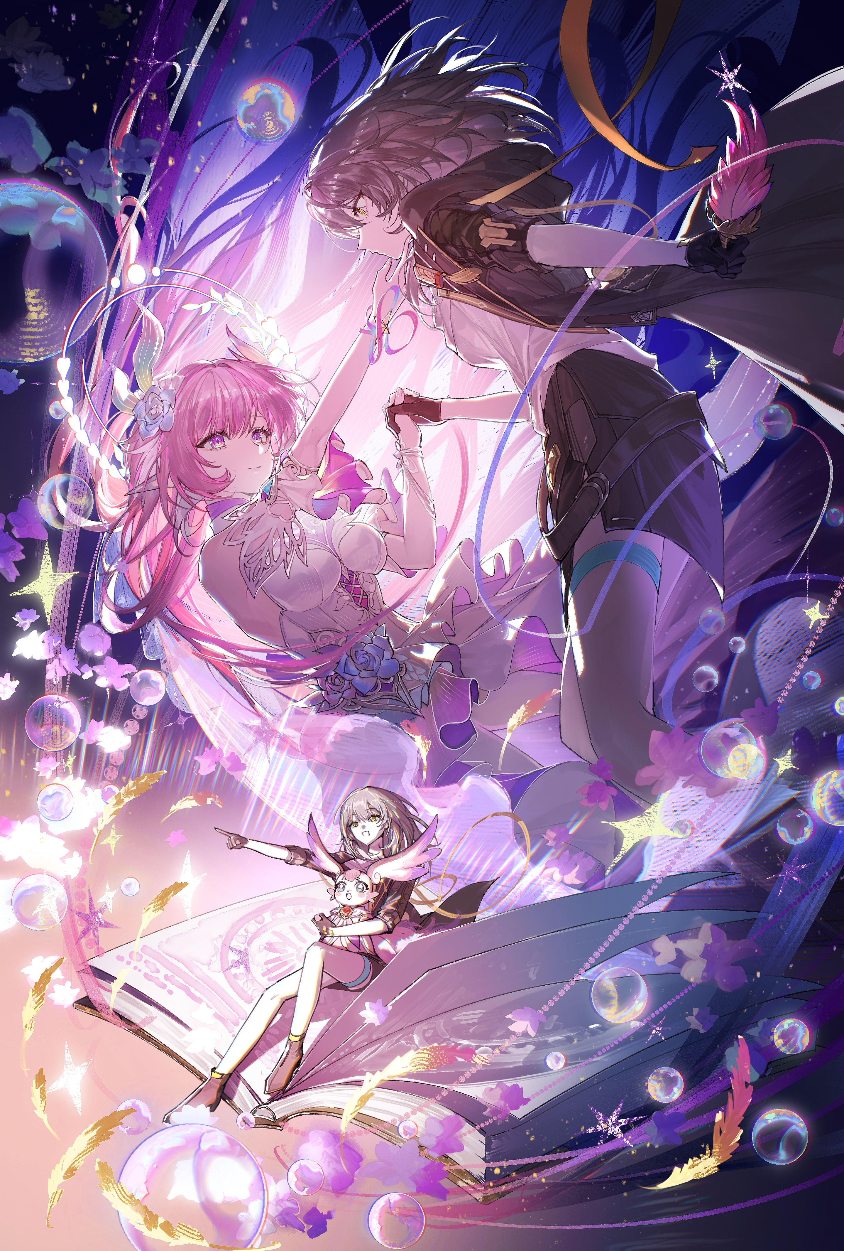 zzzzzm jiangzhouzi, cyrene (honkai: star rail), cyrene (ripples of past reverie) (honkai: star rail), mem (honkai: star rail), stelle (honkai: star rail), trailblazer (honkai: star rail), honkai: star rail, honkai (series), absurdres, highres, 2girls, black coat, black gloves, black skirt, book, closed mouth, coat, detached sleeves, dress, gloves, grey hair, hand on another's chin, holding hands, looking at another, multiple girls, open book, open clothes, open coat, open mouth, pink hair, pointy ears, shirt, short sleeves, skirt, smile, white dress, white shirt, yellow eyes