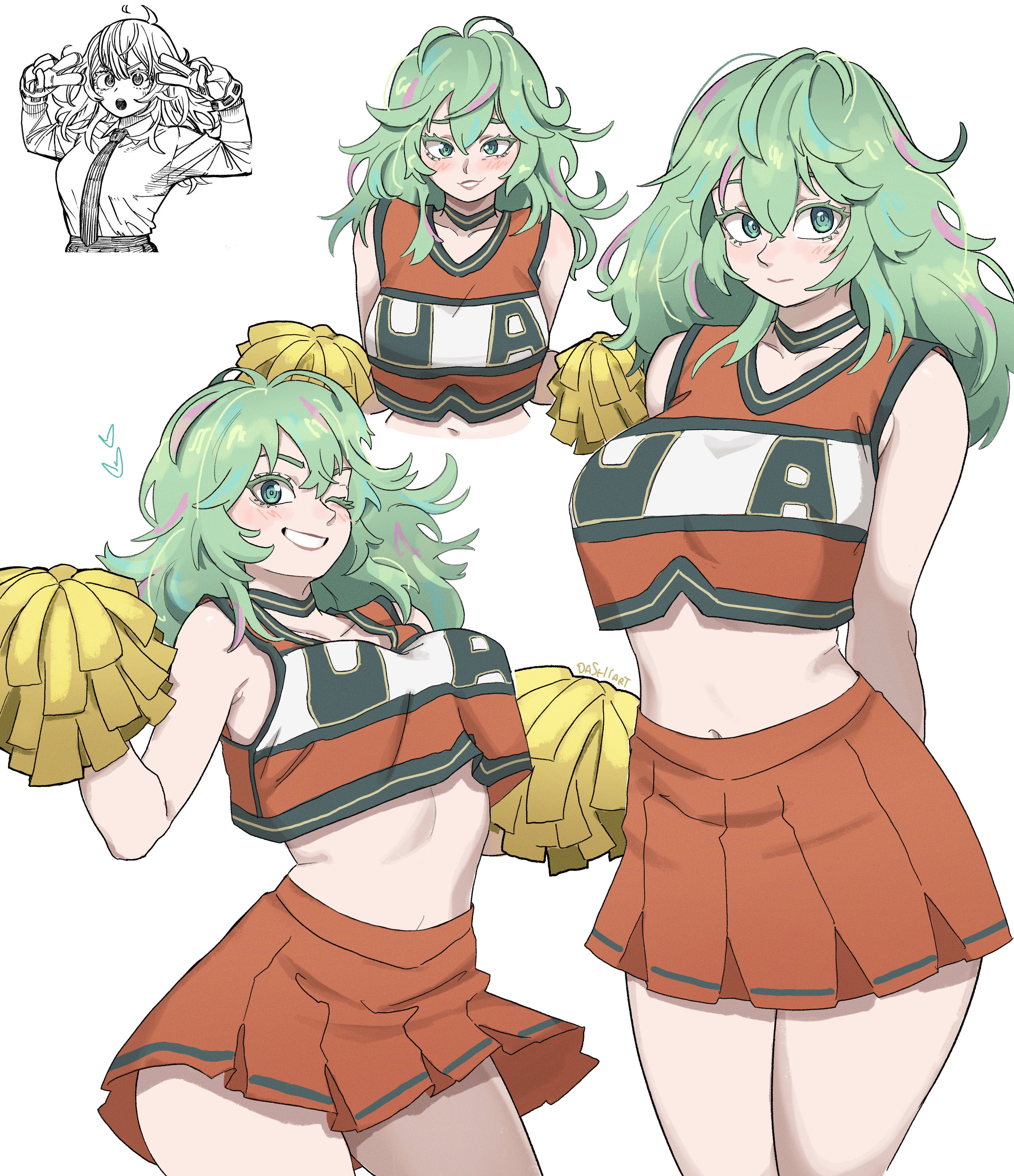 dashi (dashiart), hagakure toru, boku no hero academia, absurdres, commentary, english commentary, highres, artist name, blush, breasts, cheerleader, closed mouth, colored eyelashes, crop top, gloves, green eyes, green hair, high-waist skirt, holding, holding pom poms, large breasts, long hair, looking at viewer, messy hair, midriff, multiple views, navel, orange shirt, orange skirt, parted lips, pom pom (cheerleading), pom poms, reference inset, shirt, simple background, skirt, sleeveless, smile, u.a. cheerleader uniform, white background
