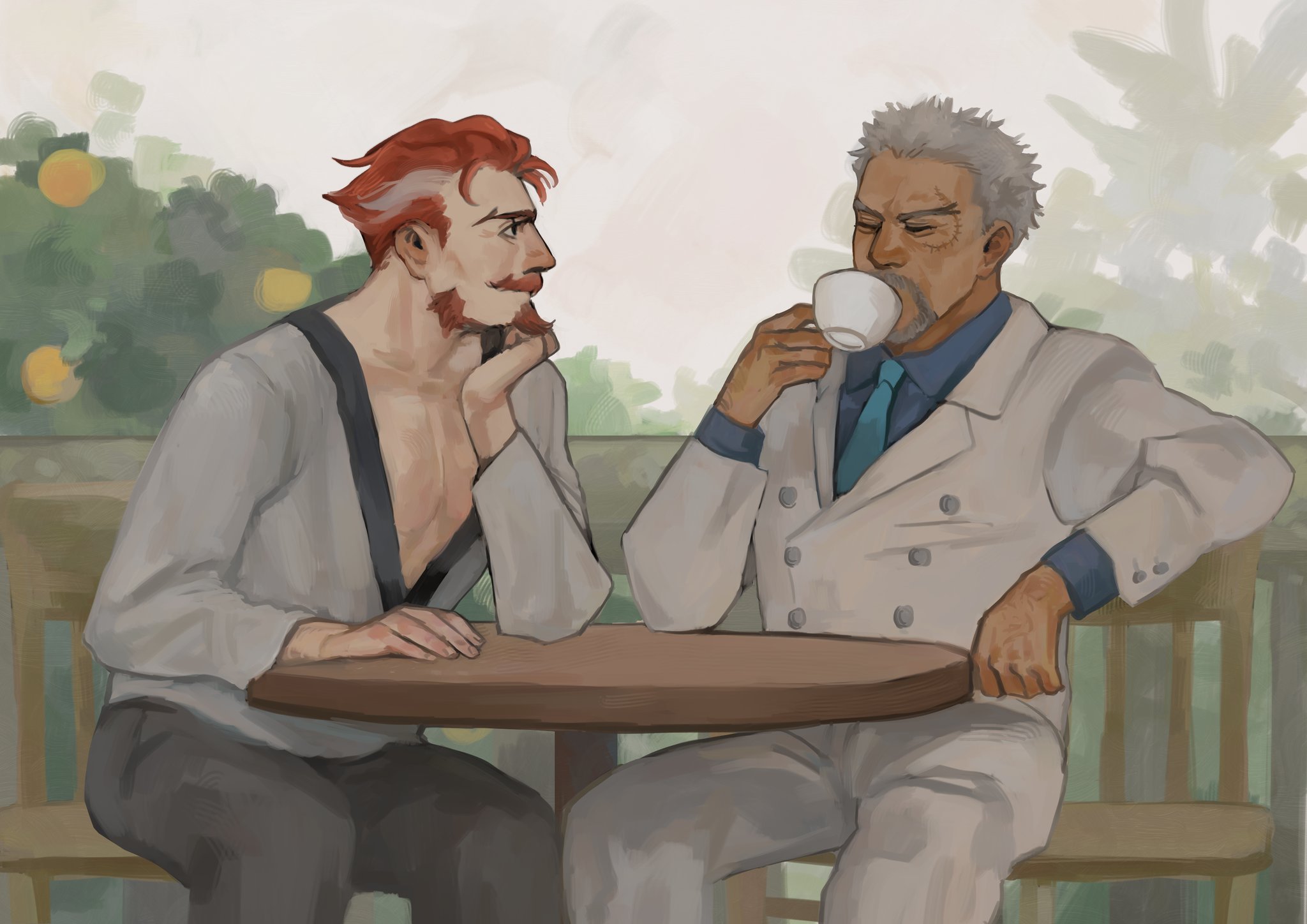 monkey d. garp, one piece, original, highres, second-party source, 2boys, alaric (peedeeseel), chair, cup, dark-skinned male, dark skin, drinking, facial hair, goatee, grey hair, male focus, mature male, multicolored hair, multiple boys, mustache, old, old man, orange hair, painterly, pectoral cleavage, pectorals, short hair, sitting, streaked hair, table, teacup, thick eyebrows, toned, toned male, ver (sver ver), white hair, yaoi
