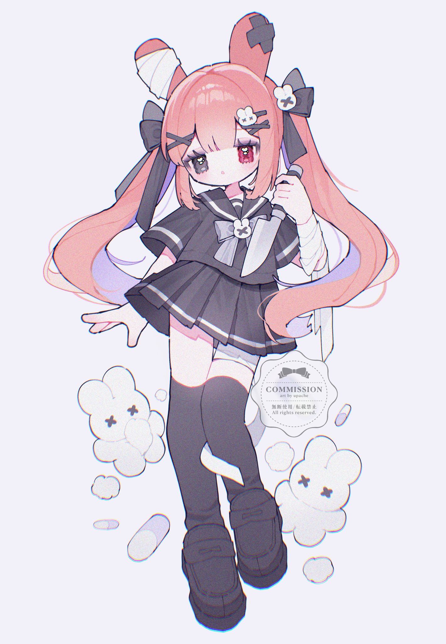 upa papa co, original, commentary, commission, highres, 1girl, animal ears, artist name, bandaged arm, bandaged leg, bandages, black bow, black eyes, black sailor collar, black serafuku, black shirt, black shoes, black skirt, black thighhighs, blunt bangs, blush, bow, bowtie, double-parted bangs, full body, grey bow, grey bowtie, hair bow, hair ornament, heterochromia, holding, holding knife, knife, long hair, orange hair, parted lips, pill, pleated skirt, rabbit ears, rabbit girl, red eyes, sailor collar, school uniform, serafuku, shirt, shoes, sidelocks, simple background, skirt, solo, standing, standing on one leg, thighhighs, twintails, watermark, white background, x hair ornament