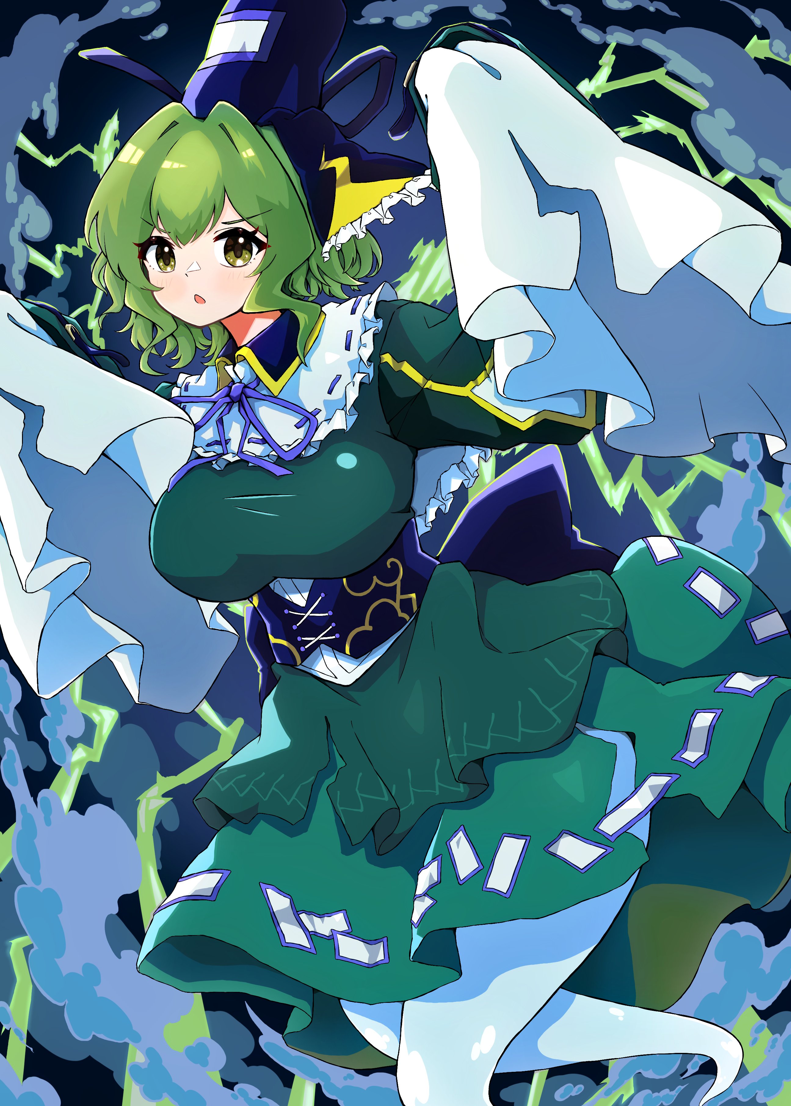 gurajio, soga no tojiko, touhou, absurdres, highres, 1girl, blue hat, breasts, ghost tail, green eyes, green hair, hat, japanese clothes, lightning, long sleeves, looking at viewer, sleeves past fingers, sleeves past wrists, solo