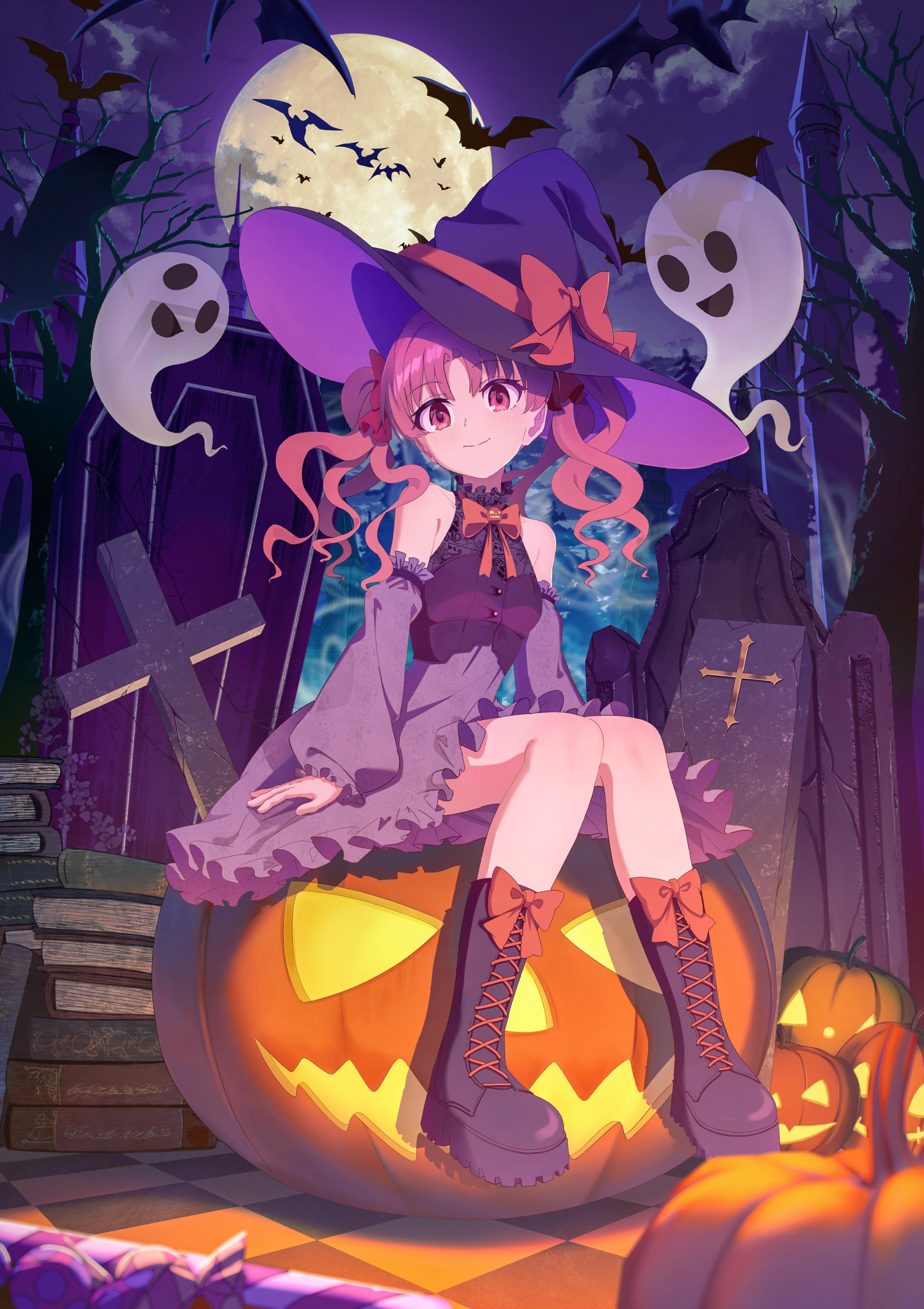 pension z, shirai kuroko, toaru kagaku no railgun, toaru majutsu no index, absurdres, highres, bare tree, bat (animal), book, book stack, boots, bow, bowtie, brown eyes, brown hair, closed mouth, coffin, detached sleeves, dress, full moon, ghost, hair bow, halloween, hat, knee boots, long hair, moon, night, night sky, on pumpkin, outdoors, purple boots, purple dress, purple hat, purple sleeves, red bow, red bowtie, sitting, sky, smile, tree, twintails, witch, witch hat