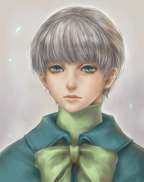 doro (sabarudoro), billy lee black, xenogears, silver hair, bad id, bad pixiv id, 1boy, bishounen, bow, male focus, portrait, realistic, solo, upper body