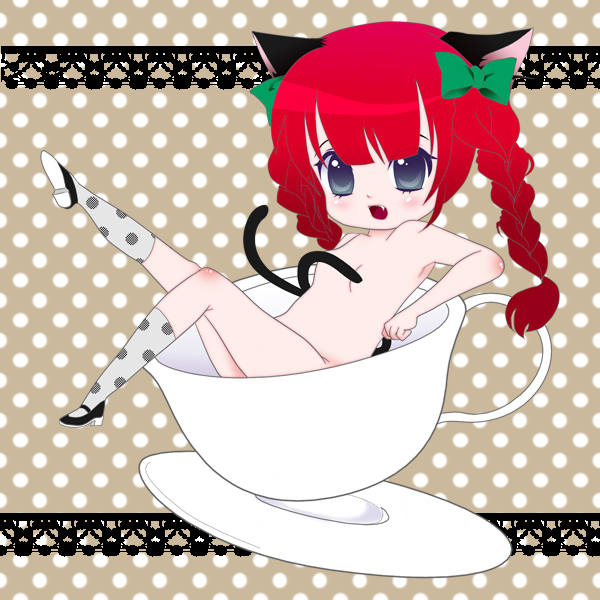 szia, kaenbyou rin, touhou, 1girl, animal ears, blue eyes, braid, cat ears, cat girl, cat tail, censored, convenient censoring, cup, female focus, hair ribbon, in container, in cup, loli, mini person, minigirl, multiple tails, nude, red hair, ribbon, short hair, solo, tail, twin braids, twintails