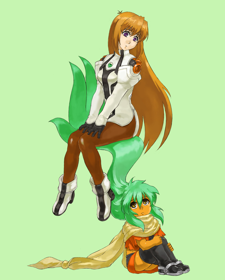 maruchi (zens24), elhaym van houten, emerada (xenogears), xenogears, 2girls, brown eyes, brown hair, chair, green hair, long hair, multiple girls, pantyhose, prehensile hair, purple eyes, very long hair