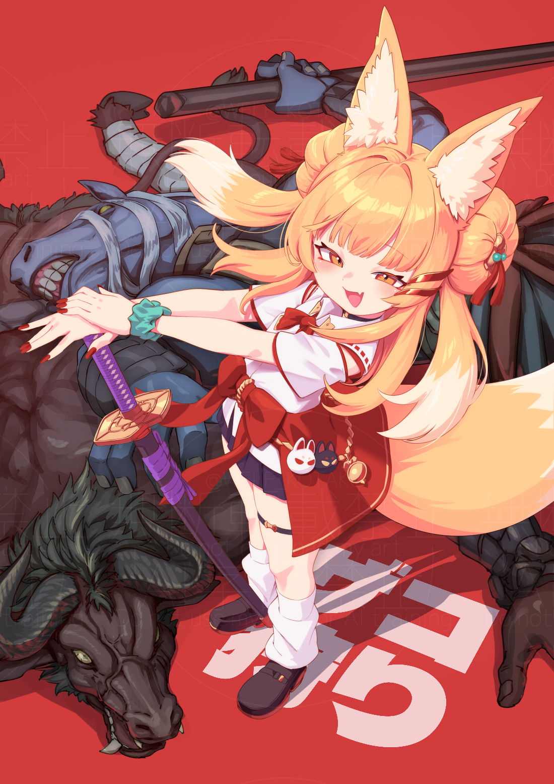 seigetsu kotaku, original, highres, 1girl, 2boys, after battle, animal ears, blonde hair, blush, clothes around waist, double bun, fingernails, fox ears, fox girl, fox tail, full body, hair bun, holding, holding sword, holding weapon, horse, katana, long fingernails, long hair, looking at viewer, loose socks, miniskirt, minotaur, multiple boys, open mouth, orange eyes, red nails, scrunchie, skirt, smile, smug, socks, sword, tail, weapon, wrist scrunchie