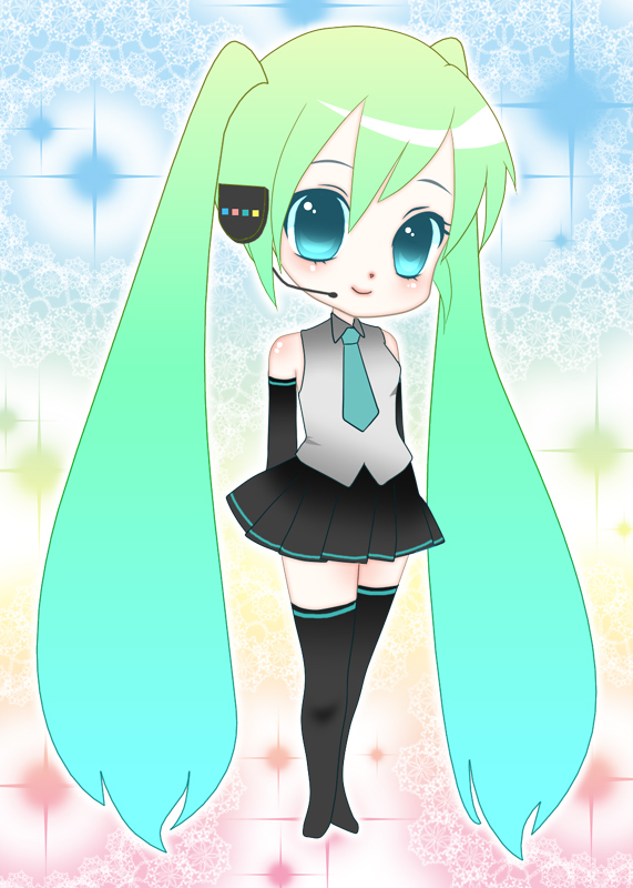 szia, hatsune miku, vocaloid, aqua eyes, aqua hair, black thighhighs, chibi, detached sleeves, gradient hair, green hair, headphones, headset, long hair, microphone, miniskirt, multicolored hair, necktie, pleated skirt, skirt, smile, solo, thighhighs, twintails, very long hair, zettai ryouiki