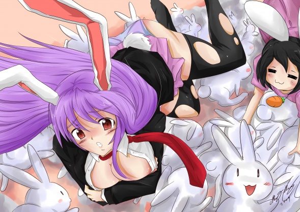 inaba tewi, reisen udongein inaba, touhou, black legwear, torn legwear, artist request, 2girls, = =, animal ears, areola slip, blouse, breasts, carrot, cleavage, collared shirt, female focus, large breasts, long hair, multiple girls, necktie, open clothes, open shirt, rabbit, rabbit ears, rabbit girl, rabbit tail, red necktie, shirt, tail, thighhighs, torn clothes
