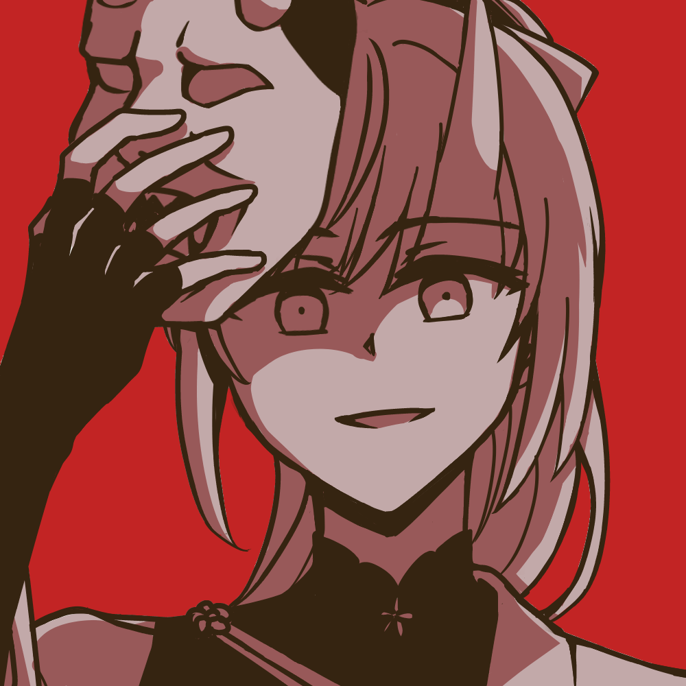 otomune kozue, otomune kozue (setsubun -mi-), link! like! love live!, love live!, commentary request, 1girl, :d, alternate species, fingerless gloves, gloves, greyscale with colored background, horns, looking at viewer, mask, mask on head, official alternate costume, oni, oni mask, open mouth, portrait, potatopenggu, red background, simple background, single bare shoulder, skin-covered horns, smile, solo, virtual youtuber