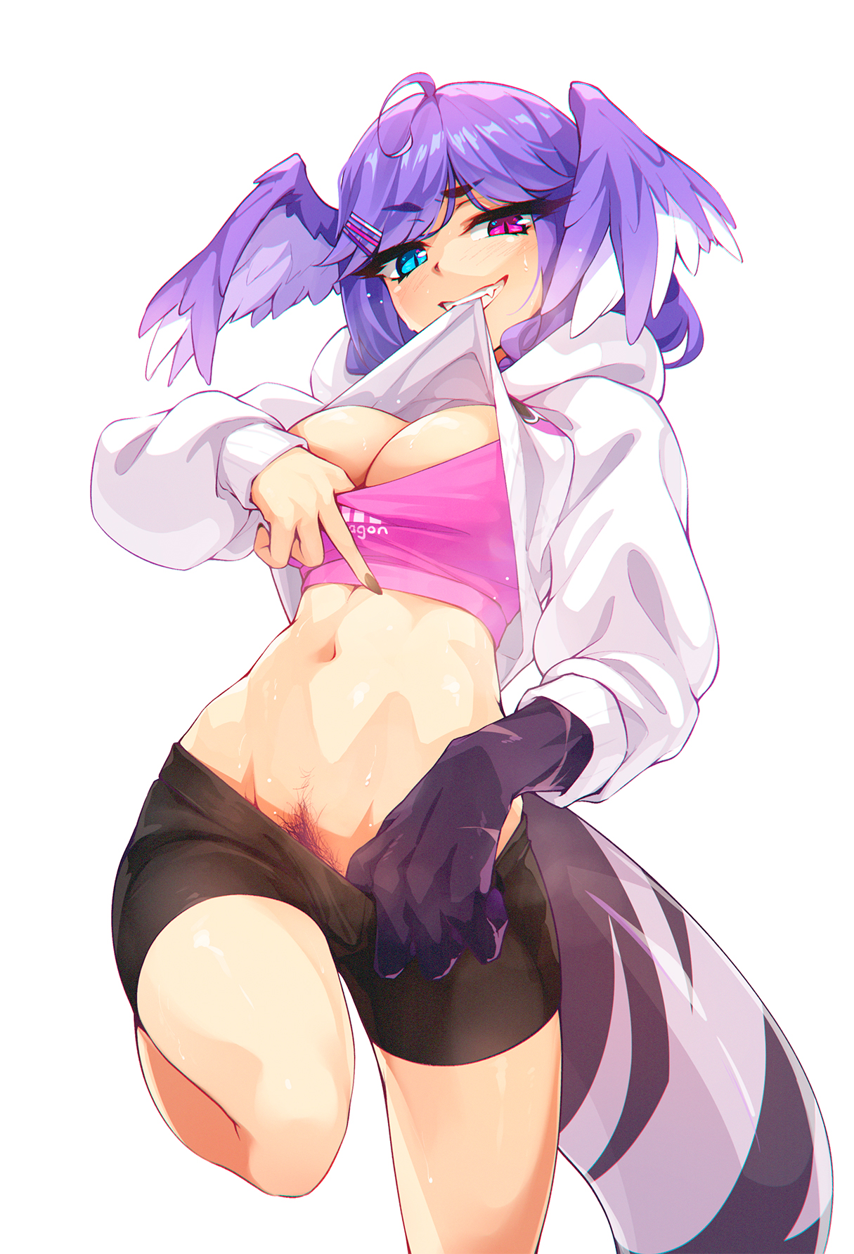 ricegnat, selen tatsuki, selen tatsuki (casual), nijisanji, nijisanji en, commentary, highres, 1girl, bike shorts, black shorts, blue eyes, breasts, clothes lift, colored pubic hair, female pubic hair, head wings, heterochromia, jacket, jacket lift, large breasts, lifting own clothes, looking at viewer, mouth hold, navel, pink eyes, pubic hair, pubic hair peek, pulling own clothes, purple hair, purple pubic hair, purple wings, shorts, simple background, smile, solo, standing, standing on one leg, stomach, sweat, tail, thighs, virtual youtuber, white background, white jacket, wings
