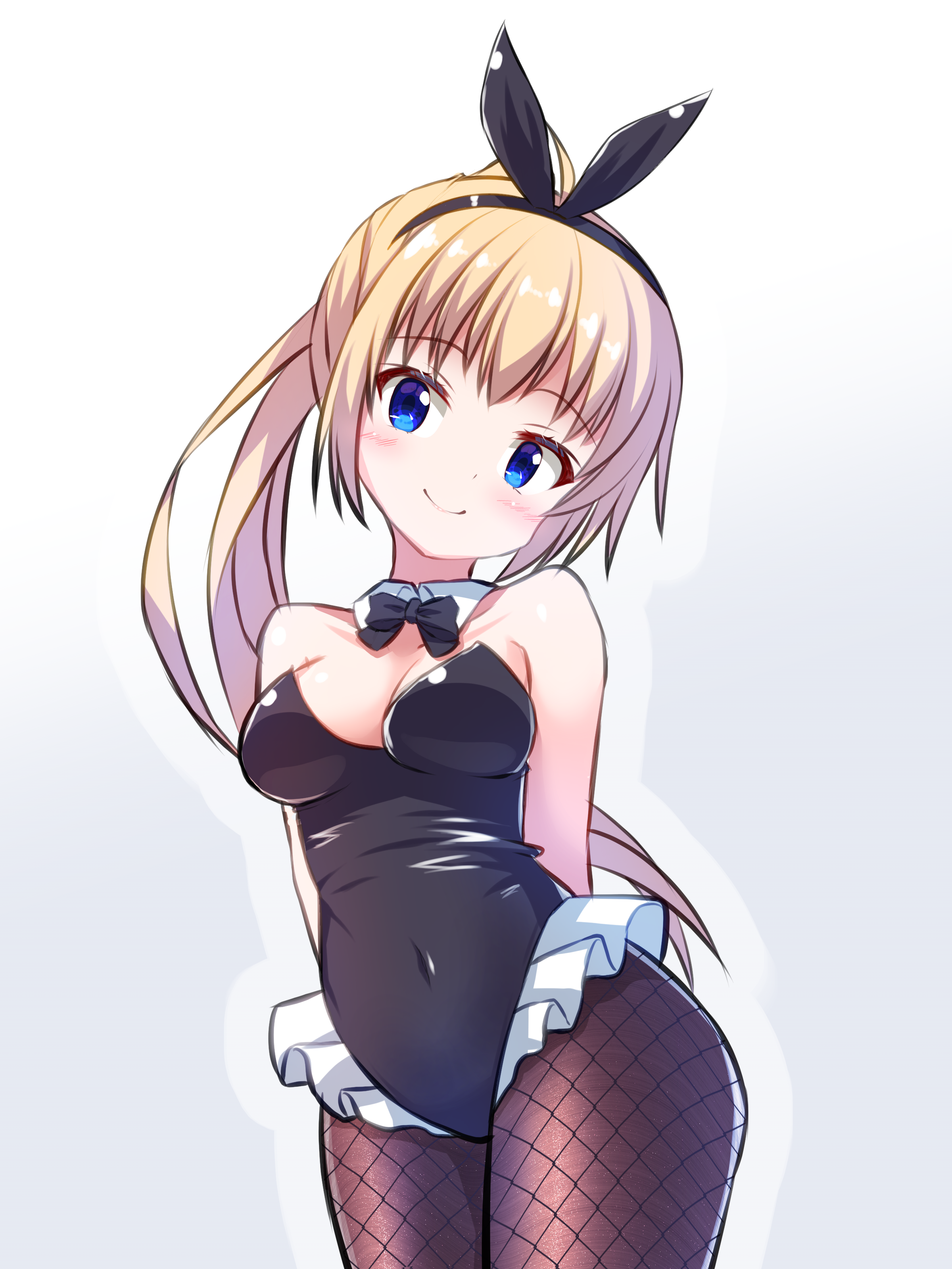 getsuyoshi, itsumura haruka, re:stage!, absurdres, commentary, highres, 1girl, alternate hairstyle, animal ear hairband, animal ears, arms behind back, bare shoulders, black bow, black bowtie, black hairband, black leotard, blonde hair, blue eyes, blush, bow, bowtie, breasts, brown pantyhose, cleavage, closed mouth, covered navel, cowboy shot, detached collar, dot nose, fake animal ears, fishnet pantyhose, fishnets, gradient background, grey background, hairband, head tilt, high ponytail, leotard, medium breasts, pantyhose, playboy bunny, ponytail, rabbit ear hairband, rabbit ears, simple background, smile, solo, strapless, strapless leotard, white background