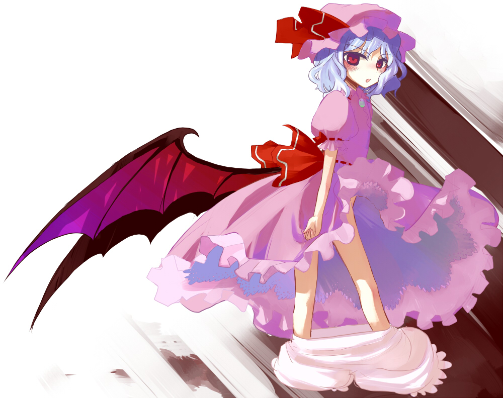 hanui, remilia scarlet, touhou, bad id, bad pixiv id, 1girl, bat wings, bloomers, bloomers pull, blue hair, blush, dress, female focus, hat, red eyes, short hair, solo, underwear, white background, wings