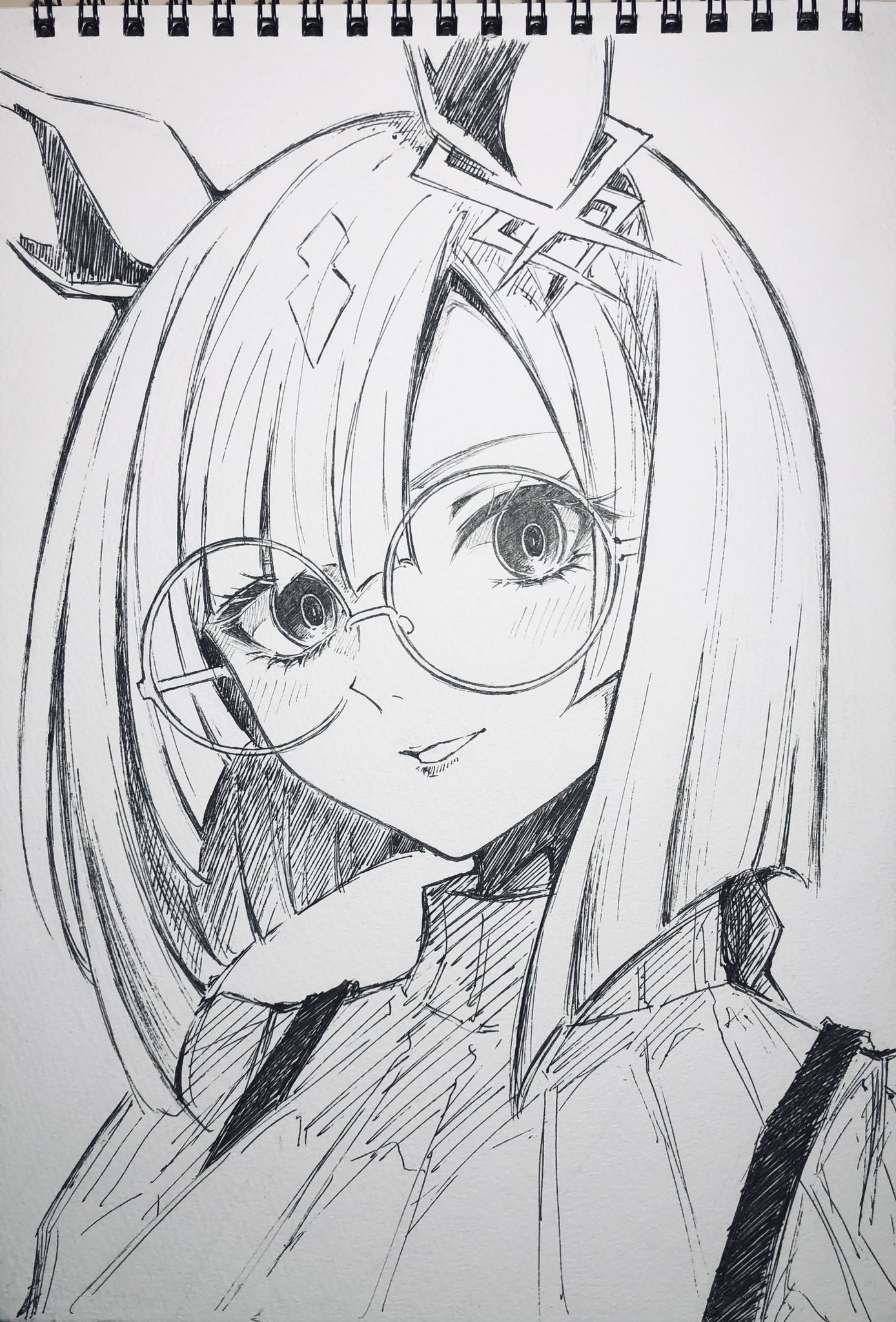 mizuiro neko, ikuno dictus (casual) (umamusume), ikuno dictus (umamusume), umamusume, highres, photo (medium), traditional media, 1girl, animal ears, glasses, greyscale, hair between eyes, horse ears, horse girl, looking at viewer, medium hair, monochrome, parted lips, portrait, round eyewear, simple background, solo, sweater, turtleneck, turtleneck sweater