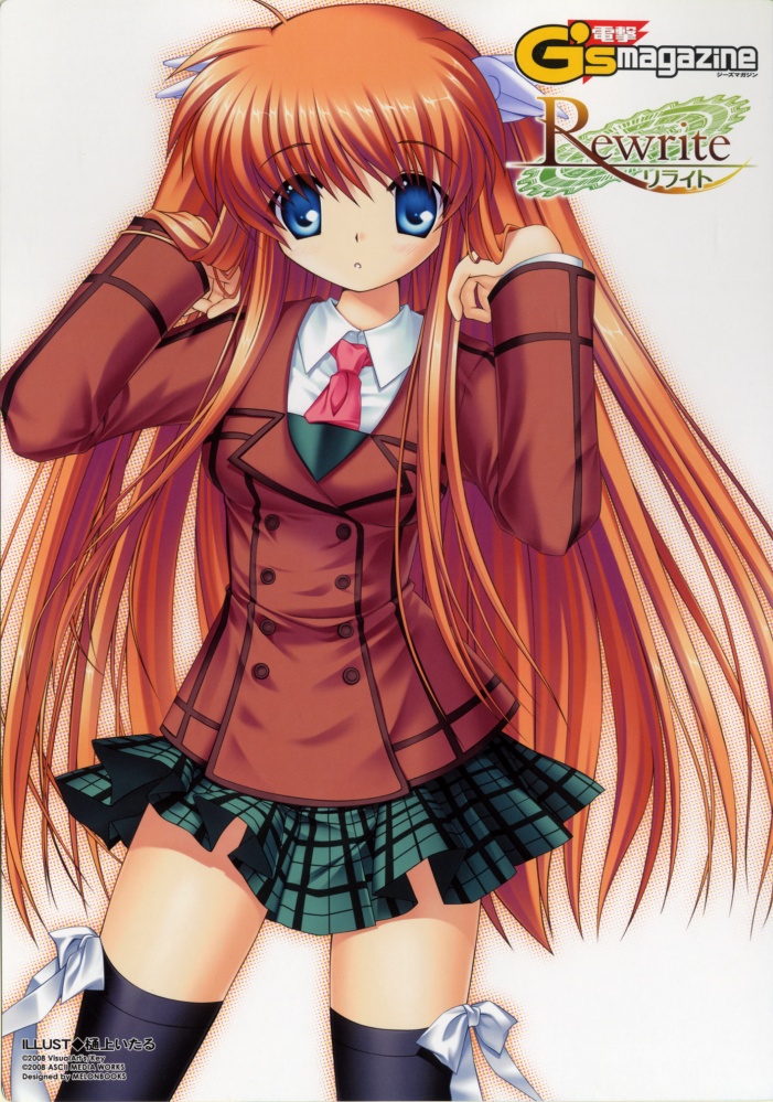 hinoue itaru, na-ga, ootori chihaya, rewrite, 10s, black thighhighs, blazer, blue eyes, hair ornament, jacket, long hair, orange hair, plaid clothes, plaid skirt, school uniform, skirt, solo, thighhighs, wing hair ornament, zettai ryouiki