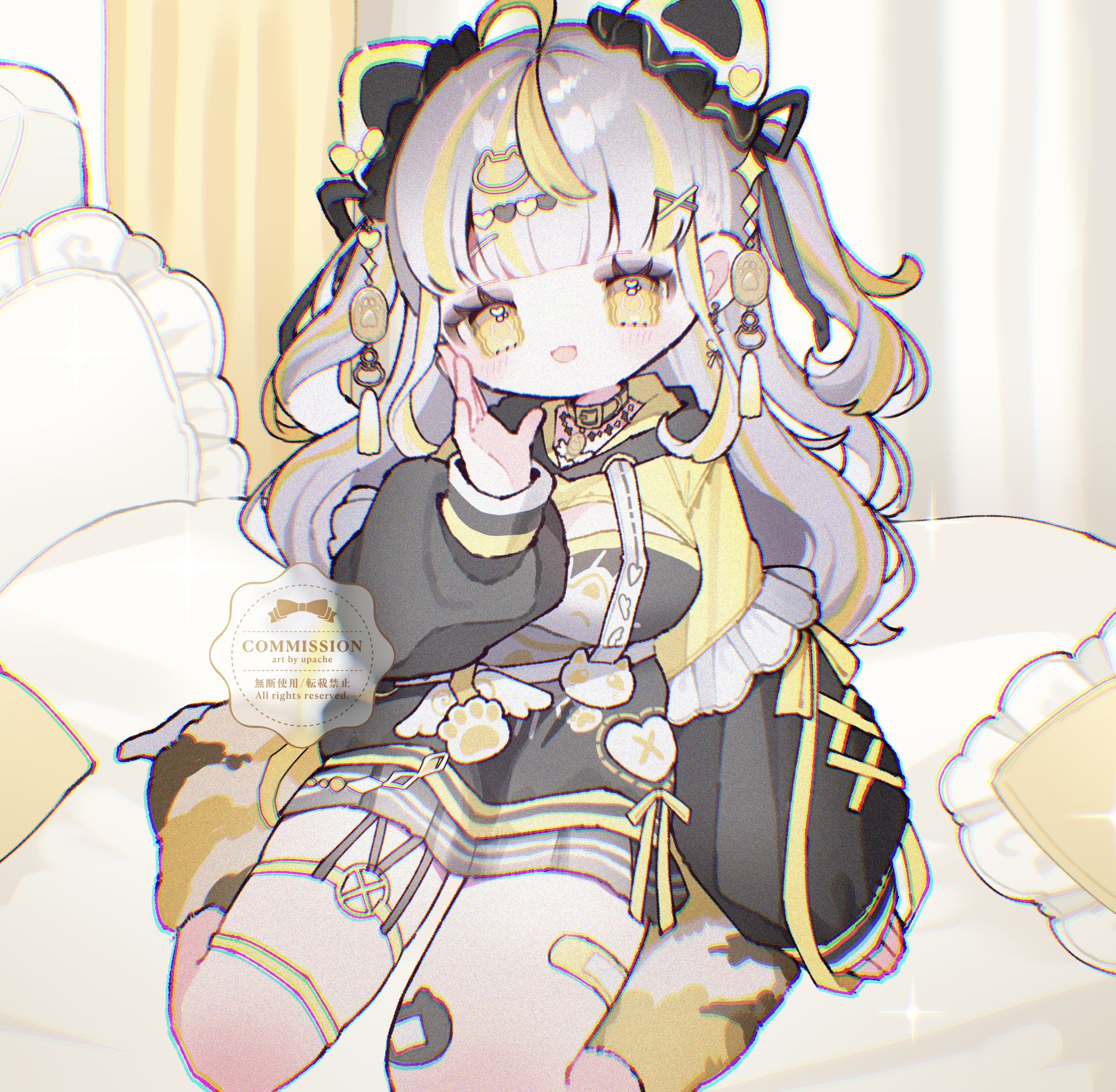 upa papa co, original, commentary, commission, highres, symbol-only commentary, 1girl, :d, ahoge, black jacket, blonde hair, blunt bangs, blush, cat hair ornament, grey hair, grey skirt, hair ornament, hand up, jacket, long sleeves, multicolored hair, open mouth, pillow, pleated skirt, sitting, skirt, smile, solo, streaked hair, two-tone hair, two side up, wariza, x hair ornament, yellow eyes