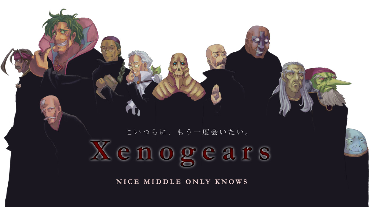 nekokun, balthasar, big joe, bishop stone, cain, cain (xenogears), chief lee, emperor cain, gaspar, gaspar (xenogears), isaac balthasar, kahn wong, lawrence maison, mason, melchior, shakhan, taura melchior, vanderkam, xenogears, annotated, 6+boys, book, closed eyes, colored skin, copyright name, everyone, facial hair, glasses, green skin, headband, male focus, multiple boys, mustache, thumbs up