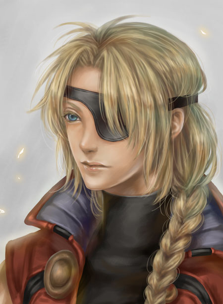 doro (sabarudoro), bartholomew fatima, xenogears, bad id, bad pixiv id, 1boy, blonde hair, braid, eyepatch, male focus, portrait, realistic, solo, upper body