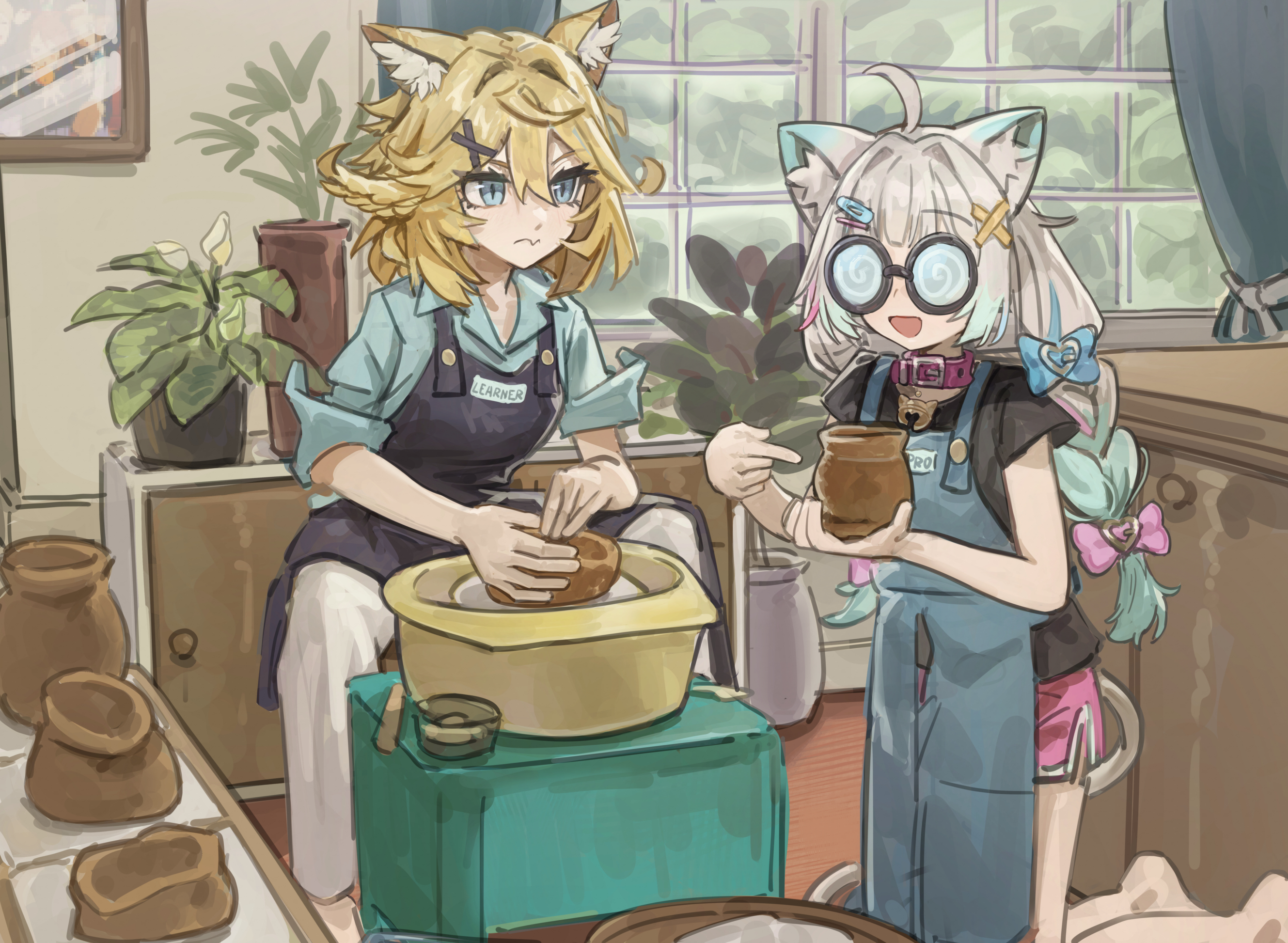 dotr art, dokibird, mint fantome, mint fantome (otaku), indie virtual youtuber, highres, 2girls, ahoge, animal ears, apron, aqua hair, aqua shirt, black apron, black shirt, blonde hair, blue apron, braid, closed mouth, coke-bottle glasses, collar, curtains, glasses, gradient hair, grey hair, hair ornament, hairclip, holding, holding vase, indoors, kneeling, long hair, medium hair, multicolored hair, multiple girls, open mouth, pants, pink collar, pink shorts, plant, pointing, potted plant, potters wheel, pottery, shirt, short sleeves, shorts, sitting, table, twin braids, virtual youtuber, white pants, window