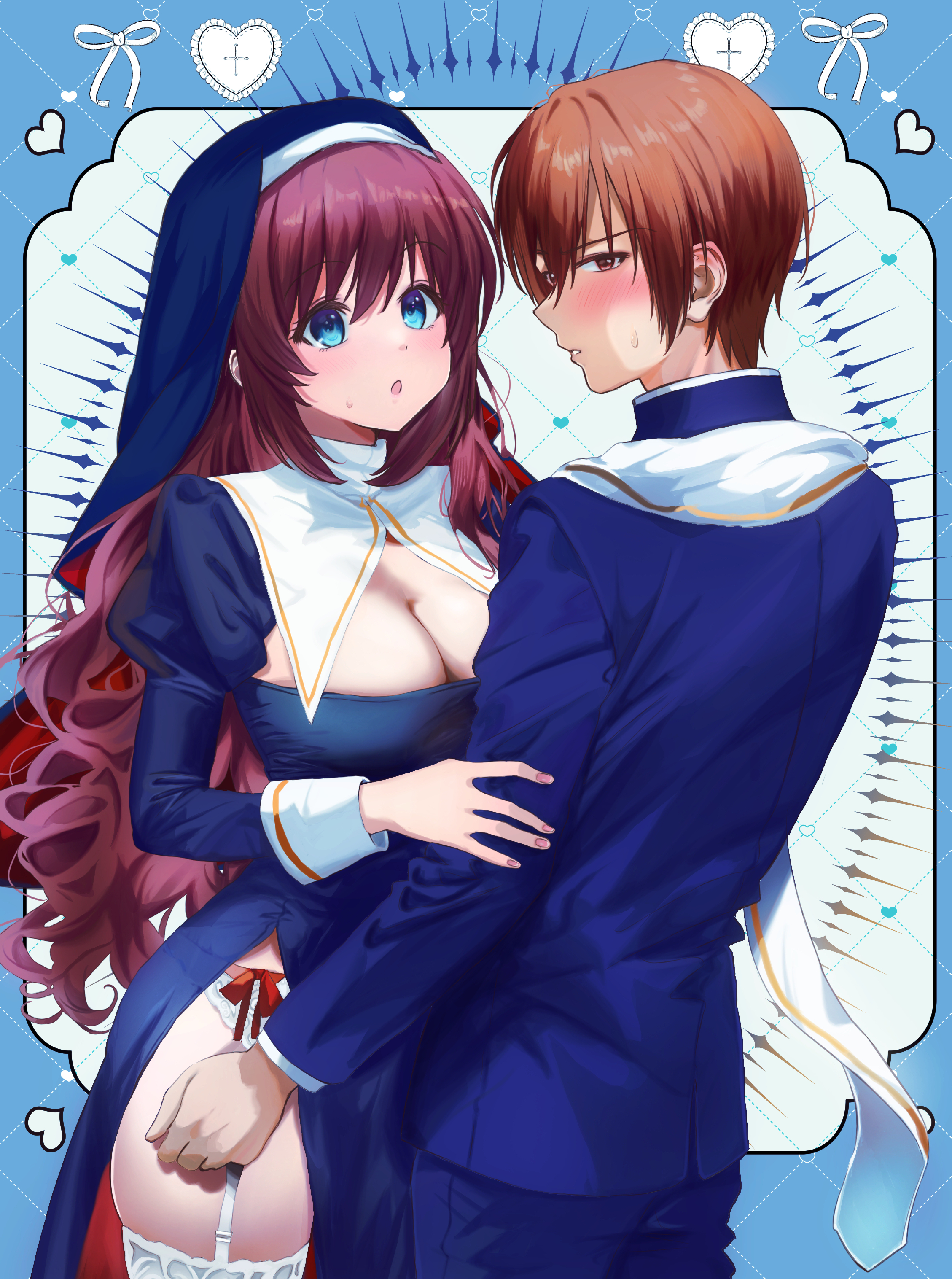 miiizuno lbs, a-chan (little busters!), natsume kyousuke, little busters!, absurdres, commentary request, highres, 1boy, 1girl, alternate costume, averting eyes, blue background, blue dress, blue eyes, blue jacket, blue pants, blue veil, blush, breasts, brown eyes, brown hair, cleavage, cleavage cutout, clothing cutout, cowboy shot, curvy, dress, embarrassed, eyelashes, fingernails, garter belt, garter straps, hair between eyes, heart, hetero, hug, jacket, juliet sleeves, large breasts, long hair, long sleeves, looking at another, looking to the side, nun, pants, priest, puffy sleeves, purple hair, red ribbon, ribbon, short hair, side slit, simple background, straight hair, sweatdrop, tareme, thighhighs, tsurime, veil, very long hair, wavy hair, white thighhighs
