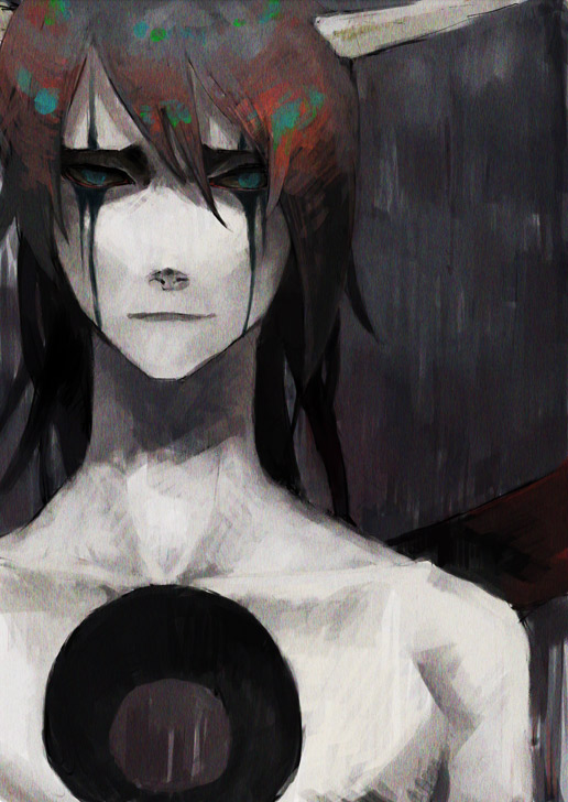 00mochio00, ulquiorra cifer, bleach, spoilers, 00s, 1boy, arrancar, black hair, colored skin, expressionless, facial mark, green eyes, horns, male focus, number tattoo, resurreccion, resurreccion: segunda etapa, solo, tattoo, topless male, white skin, wings