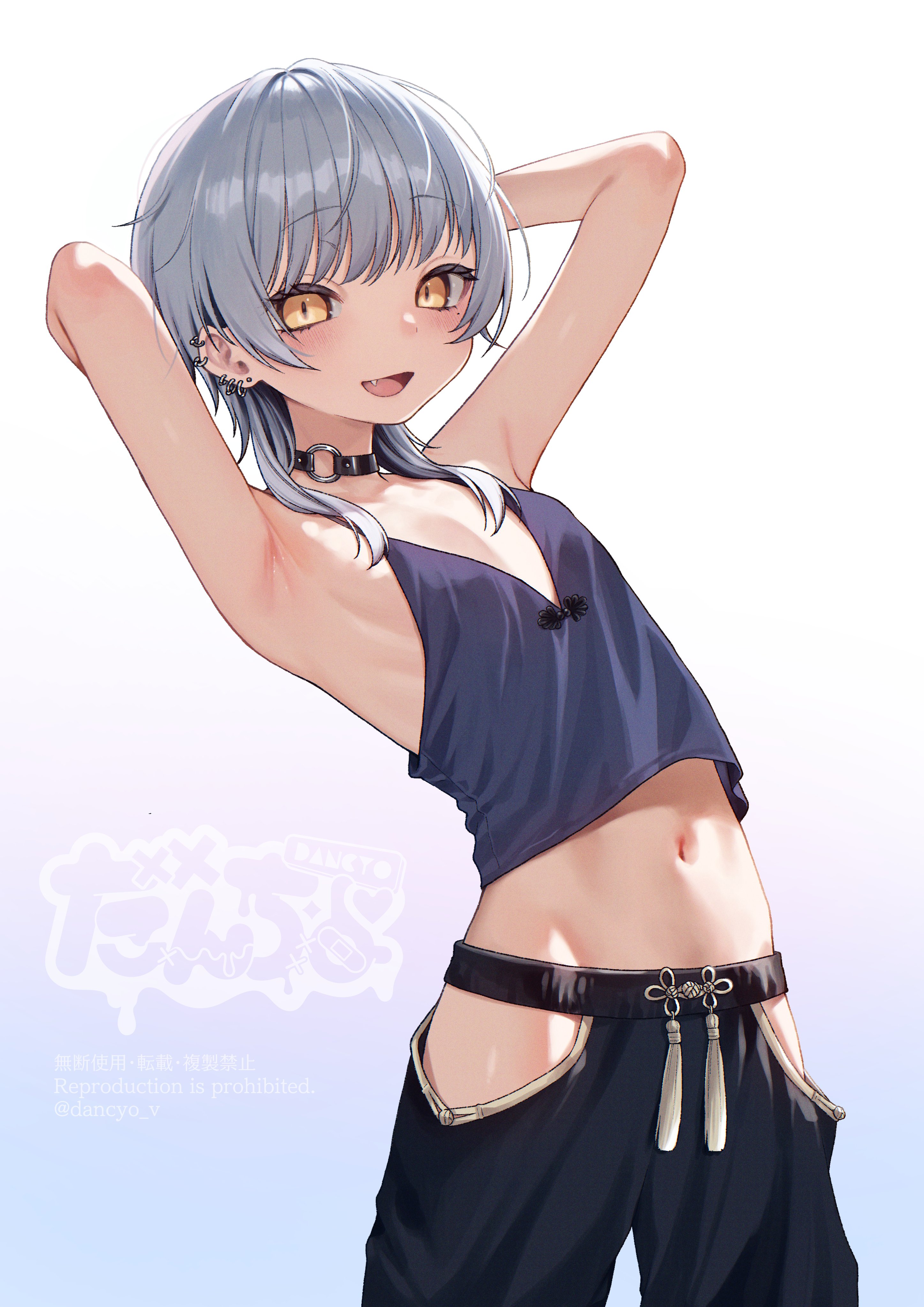dancho (dancyo), indie virtual youtuber, absurdres, commission, highres, skeb commission, 1girl, armpits, arms up, bare shoulders, breasts, choker, crop top, grey hair, looking at viewer, medium hair, navel, open mouth, orange eyes, side slit, slit pupils, small breasts, smile, solo, tassel, virtual youtuber, wolf cut, yuu (yu goth1c)