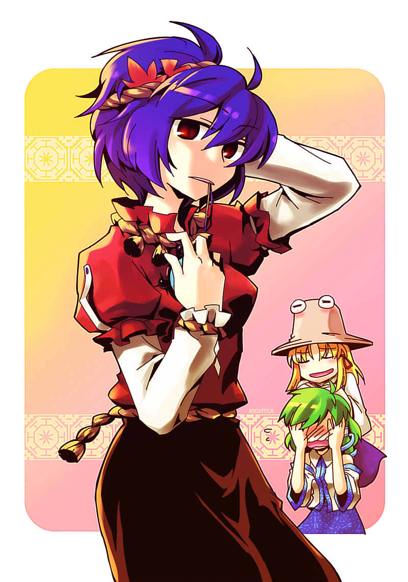 nightea, kochiya sanae, moriya suwako, pyonta, yasaka kanako, touhou, 3girls, adjusting hair, alternate hairstyle, blonde hair, blue hair, blush, carrying, covering own eyes, detached sleeves, female focus, green hair, hair ornament, hairband, hat, leaf, leaf hair ornament, looking at viewer, mouth hold, multiple girls, red eyes, rope, short hair, shoulder carry, wavy mouth