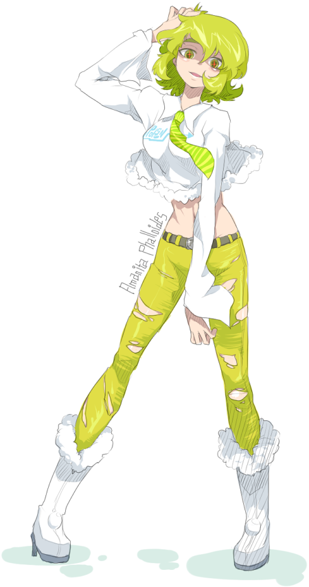 oso (toolate), amanita phalloides, original, oso-teki kinoko gijinka zukan, 1girl, boots, female focus, green hair, hair over eyes, midriff, mushroom, necktie, personification, shaded face, short hair, solo, torn clothes
