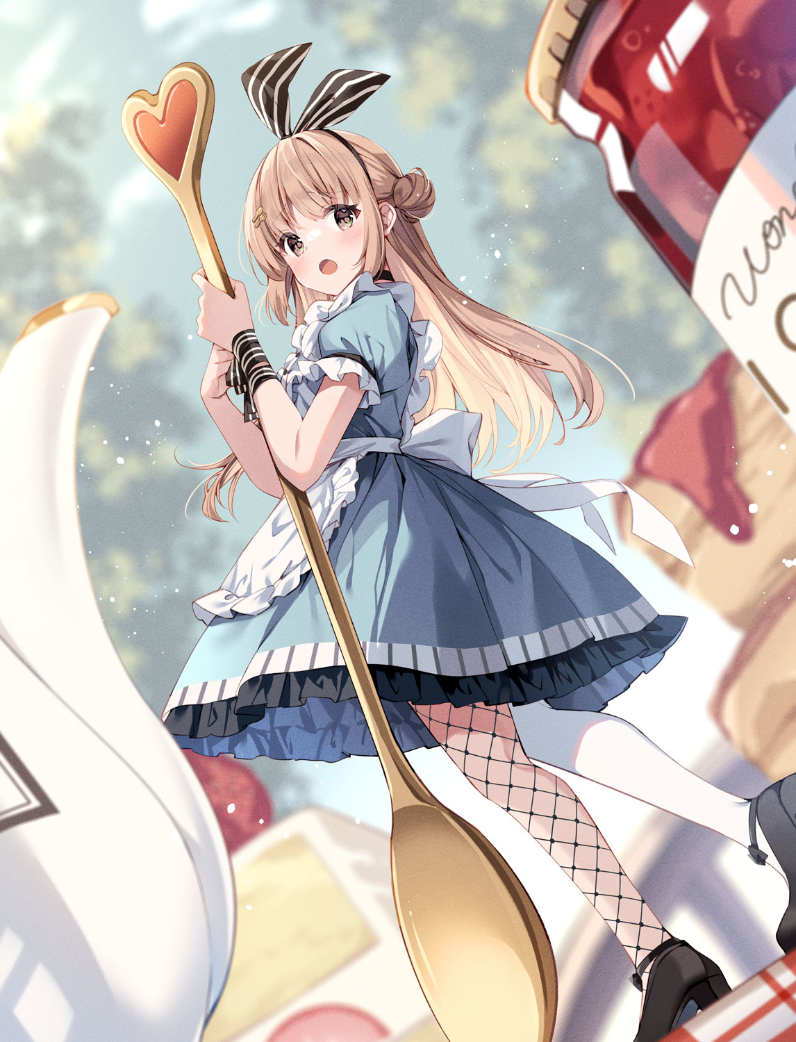 irori, alice (alice in wonderland), alice's adventures in wonderland, original, commentary request, highres, 1girl, :d, apron, asymmetrical legwear, black hairband, black pantyhose, black shoes, blue dress, blurry, blurry background, blush, bow hairband, brown eyes, brown hair, dress, fishnet pantyhose, fishnets, frilled apron, frilled dress, frilled sleeves, frills, full body, hair bun, hairband, holding, holding spoon, jar, long hair, looking at viewer, mismatched legwear, open mouth, oversized object, pantyhose, shoes, smile, solo, spoon, standing, white apron, white pantyhose