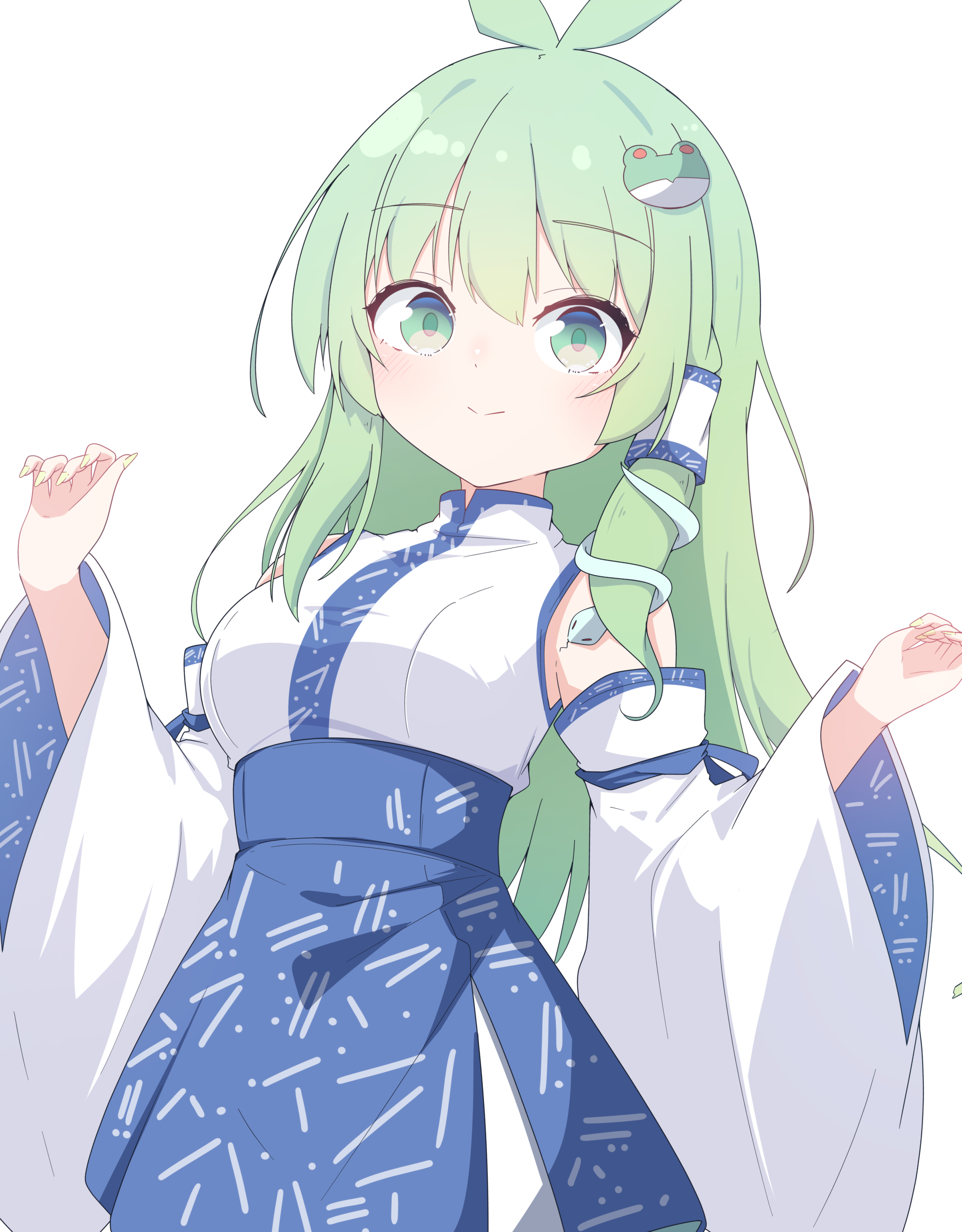 darumoon, kochiya sanae, touhou, absurdres, highres, 1girl, antenna hair, bare shoulders, blue skirt, blush, breasts, closed mouth, detached sleeves, dot nose, double-parted bangs, fingernails, frog hair ornament, green eyes, green hair, hair ornament, hair tubes, high-waist skirt, long hair, long sleeves, looking at viewer, medium breasts, nail polish, patterned clothing, print skirt, shirt, simple background, single hair tube, single sidelock, skirt, skirt set, sleeve bow, sleeveless, sleeveless shirt, snake hair ornament, solo, upper body, white background, wide sleeves