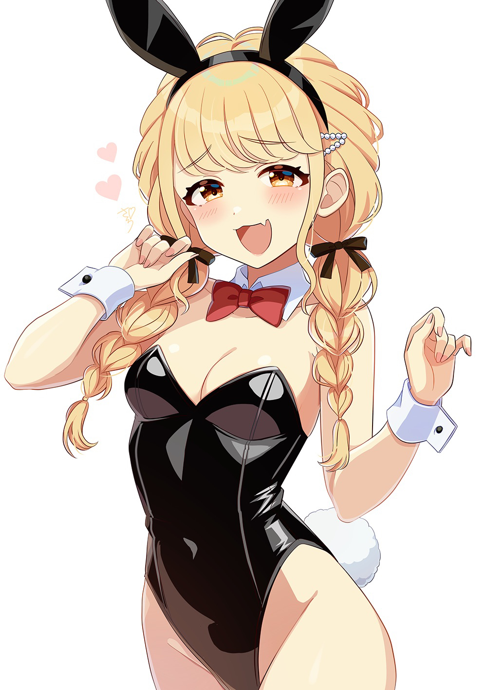 sakura ran, fujita kotone, gakuen idolmaster, idolmaster, commentary request, highres, 1girl, :d, animal ear hairband, animal ears, bare shoulders, black hairband, black leotard, black ribbon, blonde hair, blush, bow, bowtie, braid, breasts, cleavage, cowboy shot, detached collar, fake animal ears, fake tail, fang, hair ribbon, hairband, hand up, heart, highleg, highleg leotard, leotard, long hair, looking at viewer, low twin braids, medium breasts, open mouth, playboy bunny, rabbit ear hairband, rabbit ears, rabbit tail, raised inner eyebrows, red bow, red bowtie, ribbon, simple background, skin fang, smile, solo, strapless, strapless leotard, swept bangs, tail, traditional bowtie, twin braids, white background, white wrist cuffs, wrist cuffs