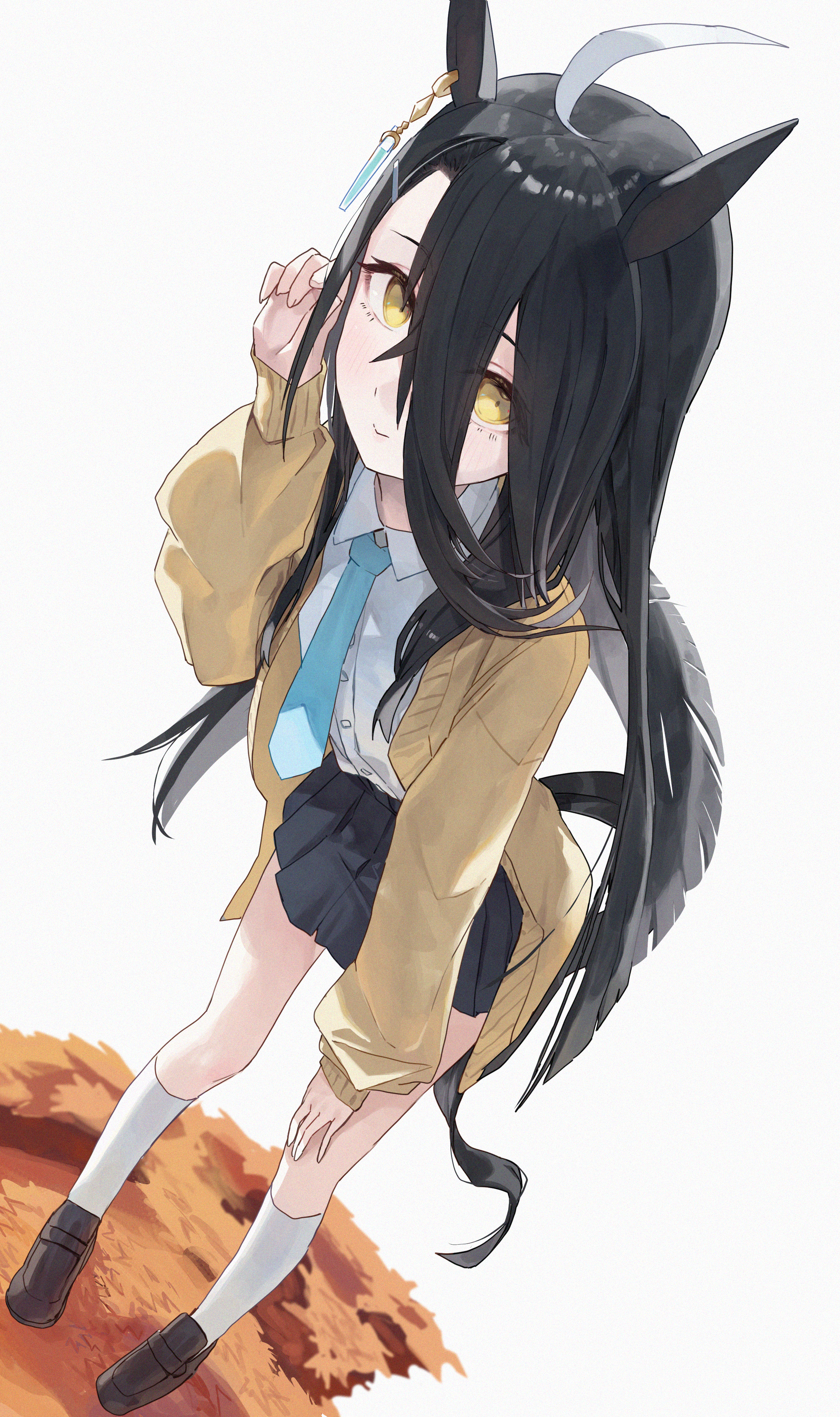 amano kokoko, manhattan cafe (umamusume), umamusume, absurdres, highres, 1girl, animal ears, black hair, black skirt, blue necktie, blush, brown cardigan, brown shoes, cardigan, closed mouth, hair between eyes, horse ears, horse girl, horse tail, kneehighs, leaning forward, long bangs, long hair, looking at viewer, necktie, open cardigan, open clothes, pleated skirt, shirt, shoes, skirt, smile, socks, solo, tail, white shirt, white socks, yellow eyes