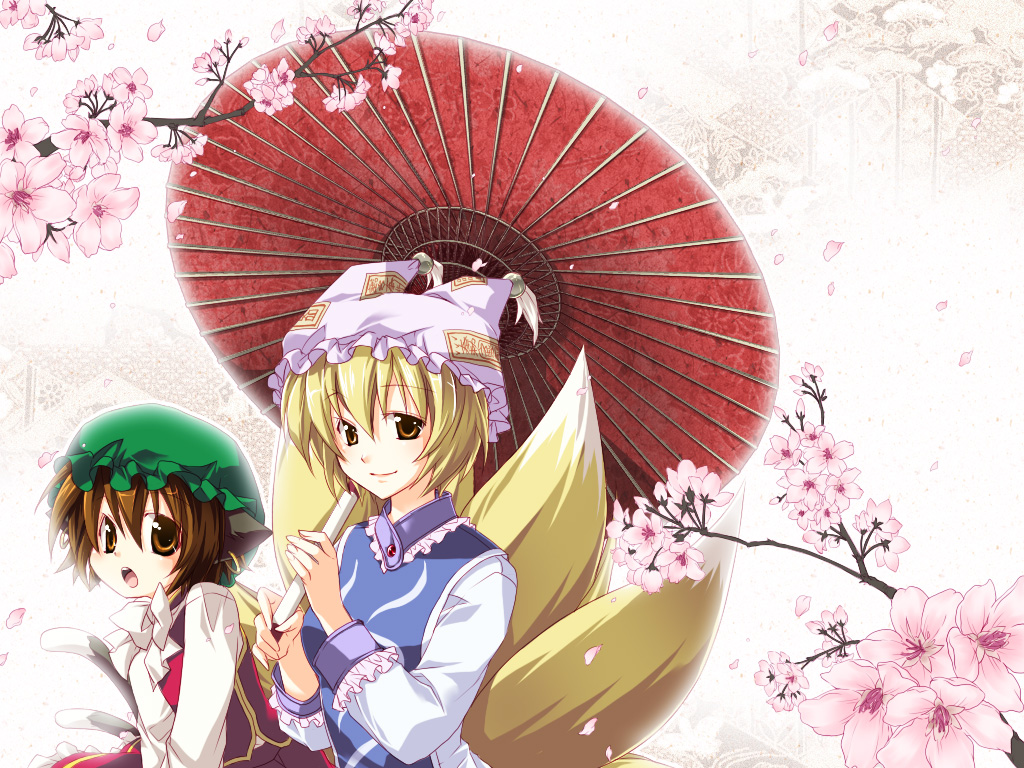 onemu, chen, yakumo ran, touhou, bad id, bad pixiv id, 2girls, animal ears, animal hat, blonde hair, brown eyes, brown hair, cat ears, cat girl, cat tail, cherry blossoms, earrings, female focus, fox tail, hat, holding, holding umbrella, jewelry, long sleeves, looking at viewer, mob cap, multiple girls, multiple tails, oil-paper umbrella, open mouth, parasol, petals, short hair, tail, tassel, umbrella
