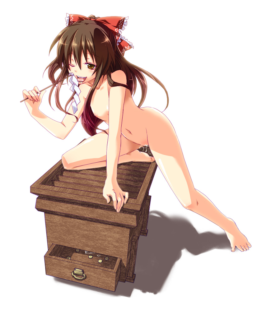 onemu, hakurei reimu, touhou, bad id, bad pixiv id, 1girl, barefoot, bow, box, brown eyes, brown hair, donation box, feet, female focus, flat chest, gohei, hair bow, licking, long hair, money, naughty face, nude, one eye closed, pussy juice, saliva, solo, tongue, wink