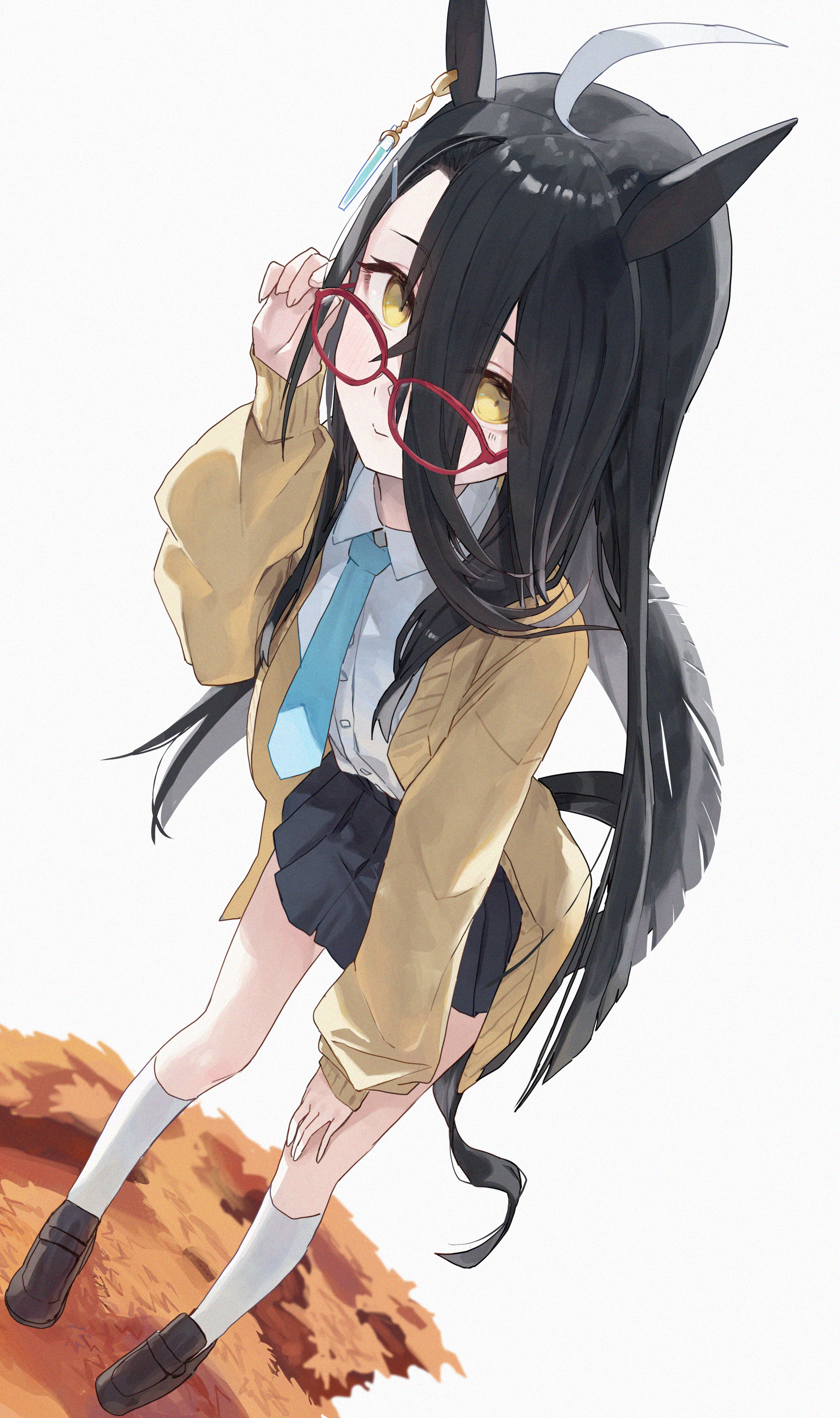 amano kokoko, manhattan cafe (umamusume), umamusume, absurdres, highres, 1girl, animal ears, black hair, black skirt, blue necktie, blush, brown cardigan, brown shoes, cardigan, closed mouth, glasses, hair between eyes, horse ears, horse girl, horse tail, kneehighs, leaning forward, long bangs, long hair, looking at viewer, necktie, open cardigan, open clothes, pleated skirt, shirt, shoes, skirt, smile, socks, solo, tail, white shirt, white socks, yellow eyes