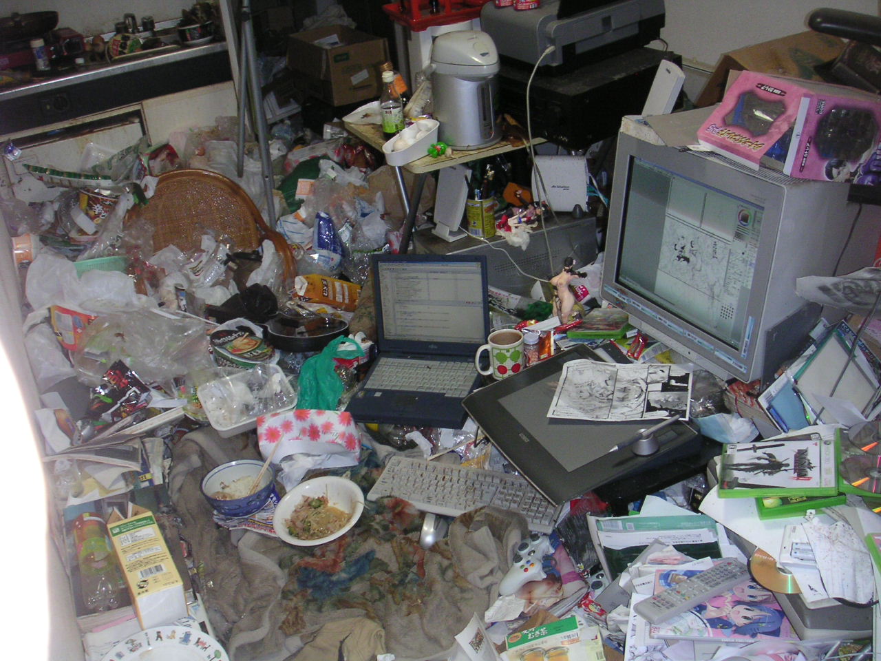 messy, photo (medium), absurdly detailed composition, chair, computer, computer keyboard, drawing tablet, figure, food, indoors, laptop, loaded interior, merchandise, otaku room, trash, unspeakable filth, what
