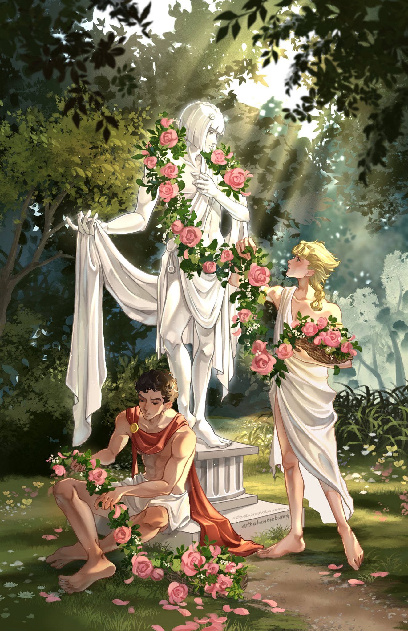 thehanniebunny, bruno bucciarati, giorno giovanna, guido mista, jojo no kimyou na bouken, vento aureo, highres, 3boys, alternate costume, ancient greek clothes, barefoot, basket, black hair, blonde hair, bob cut, braid, braided ponytail, brown hair, flower, grass, greco-roman clothes, light rays, long hair, male focus, multiple boys, outdoors, petals, pink flower, pink rose, red scarf, rose, scarf, sitting, standing, statue, sunlight, toga, topless male, tree