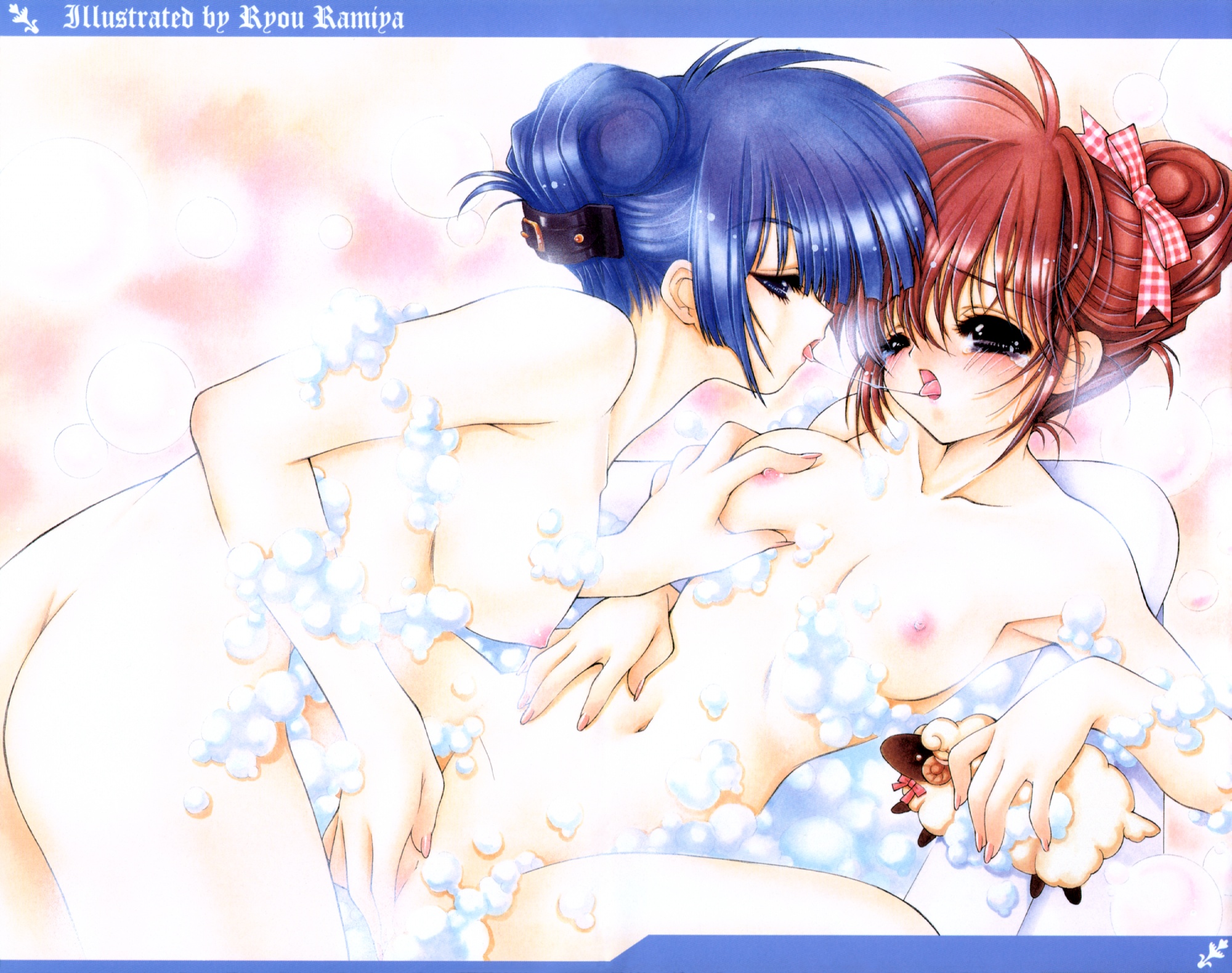 framed, highres, blue hair, bow, breasts, bubble, fingernails, grabbing another's breast, groping, nail polish, nude, red hair, saliva, sheep, yuri